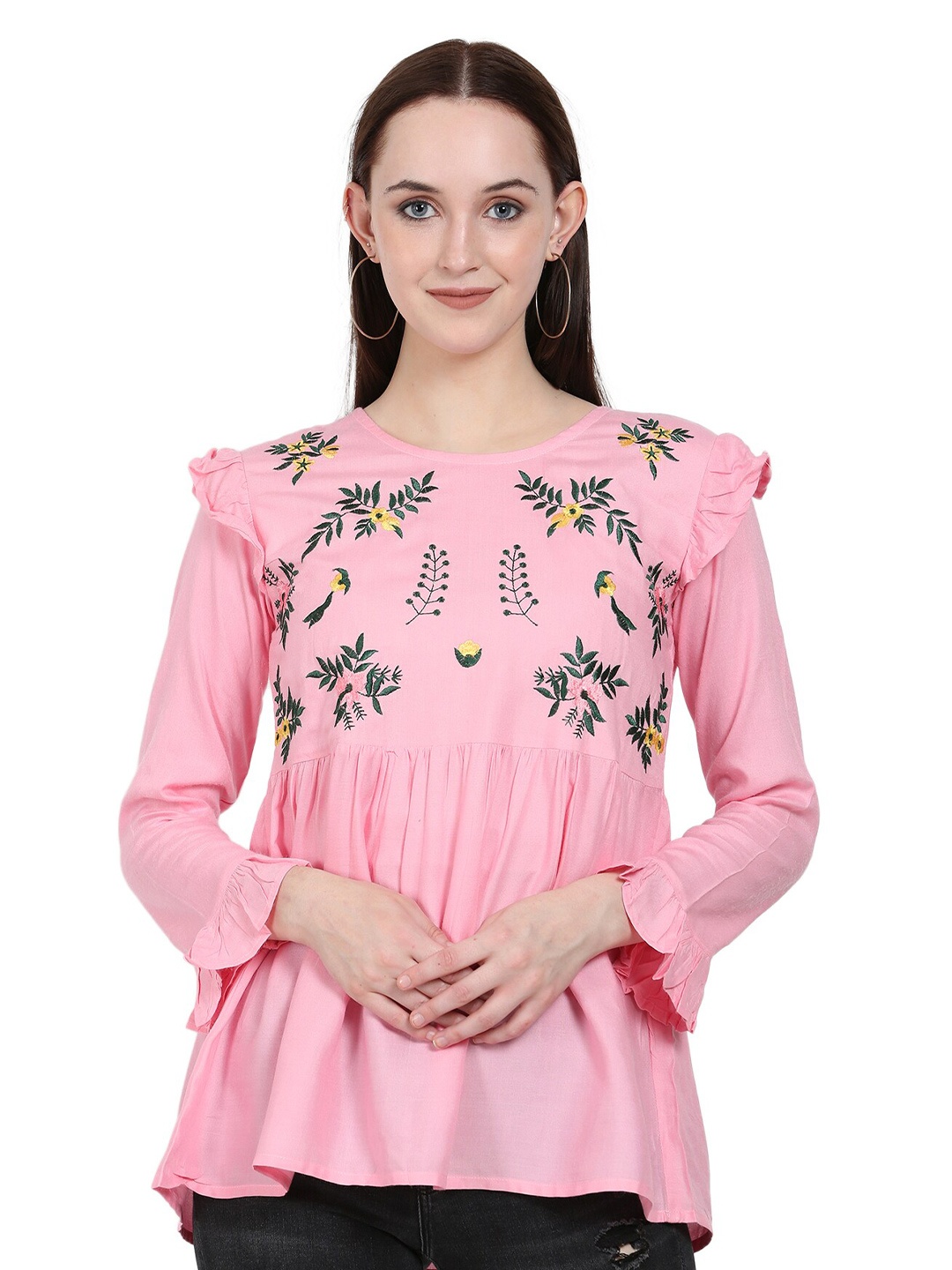 

ANUTTARA FASHIONS Floral Embroidered Gathered Detailed A-Line Top, Pink