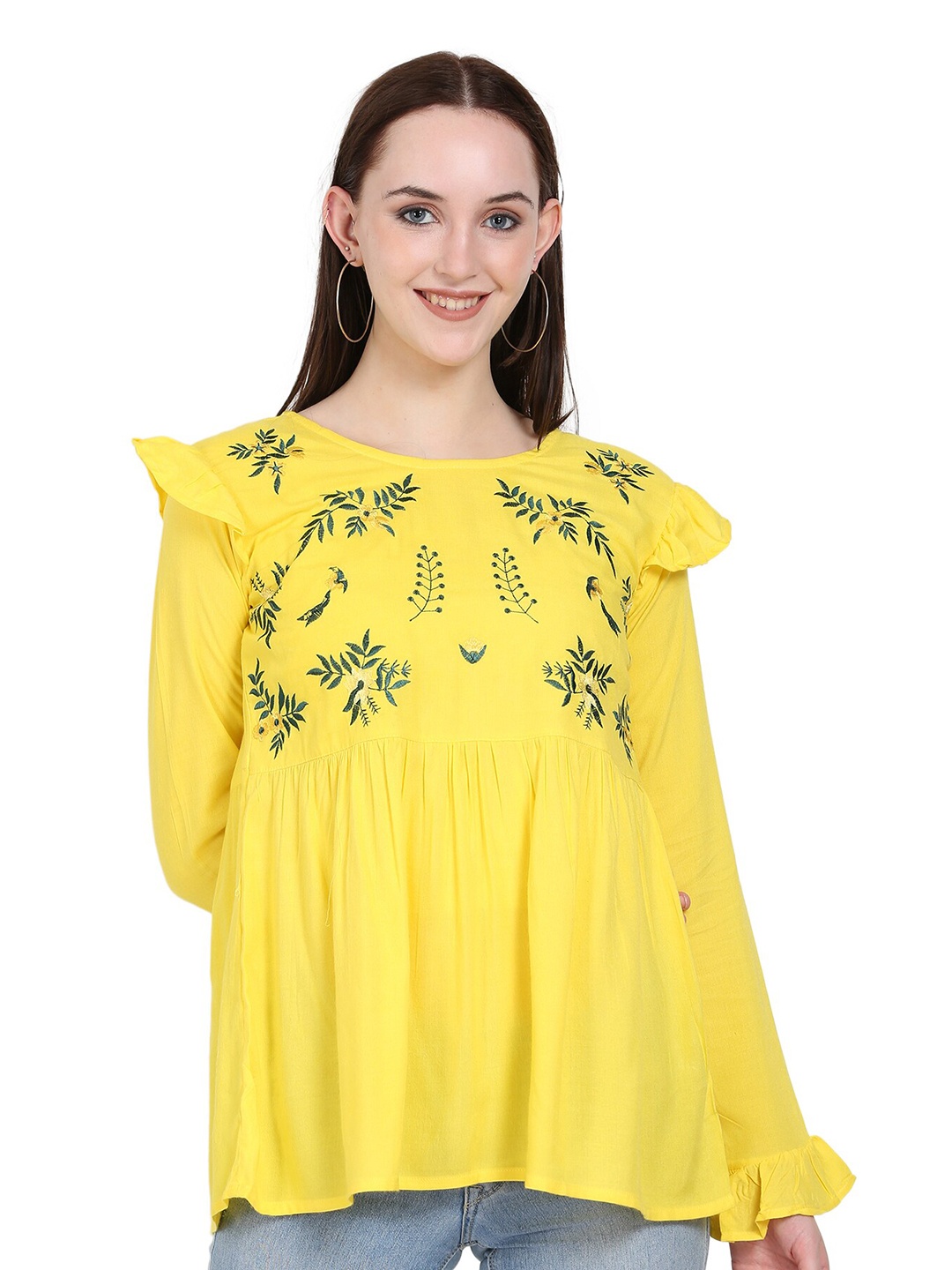

ANUTTARA FASHIONS Floral Embroidered Gathered Detailed A-Line Top, Yellow