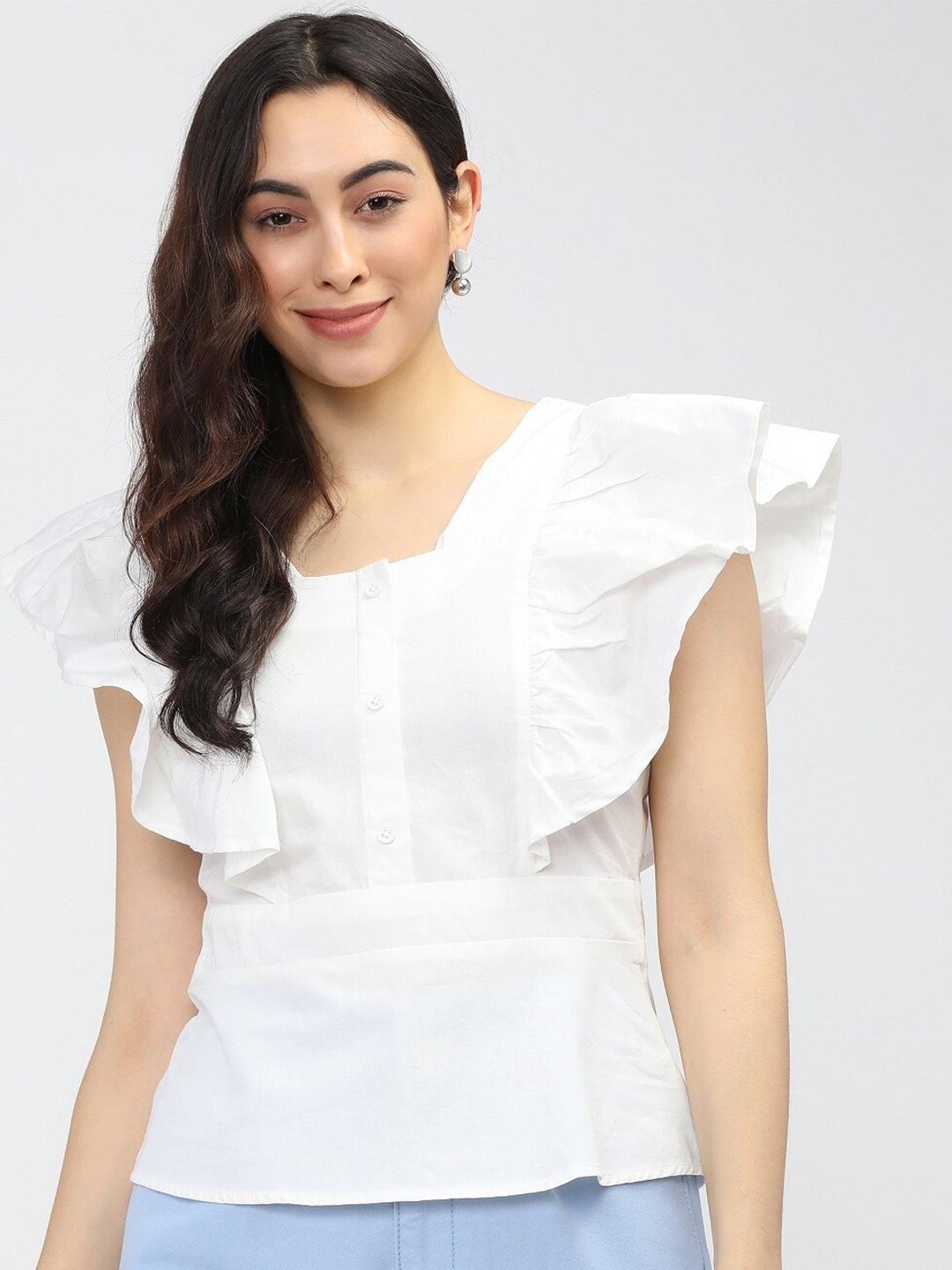 

ANUTTARA FASHIONS Square Neck Flutter Sleeves Ruffles Detailed Cotton Top, White