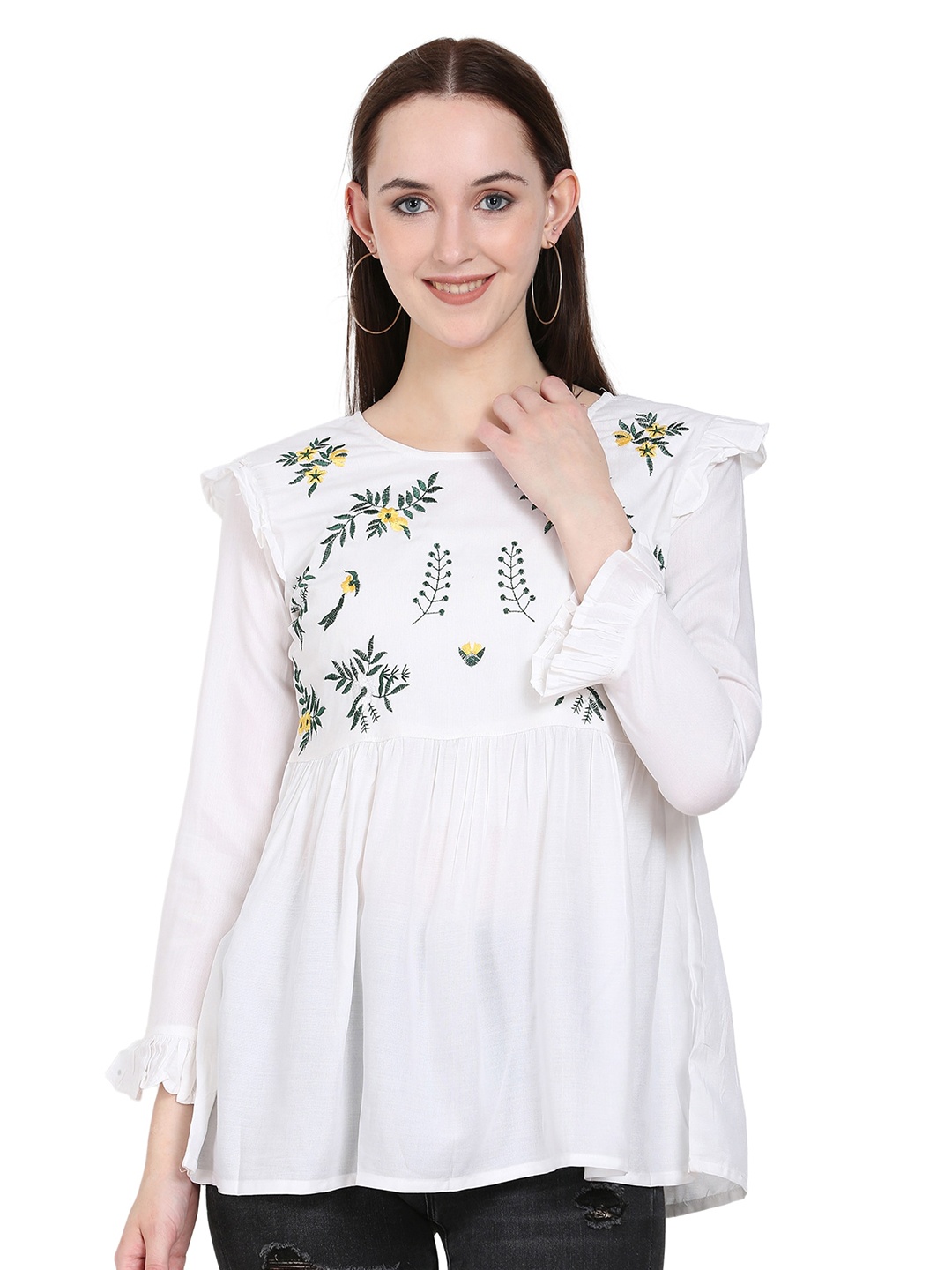 

ANUTTARA FASHIONS Floral Embroidered Round Neck Long Bell Sleeves Top, White