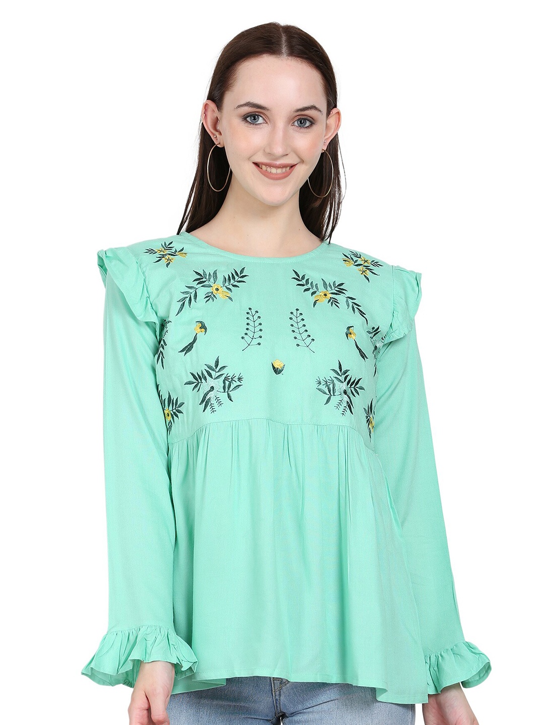 

ANUTTARA FASHIONS Floral Embroidered Round Neck Long Bell Sleeves Top, Green