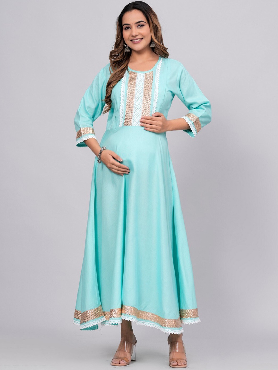 

ANUTTARA FASHIONS Laced Up Maternity Anarkali Kurta, Turquoise blue
