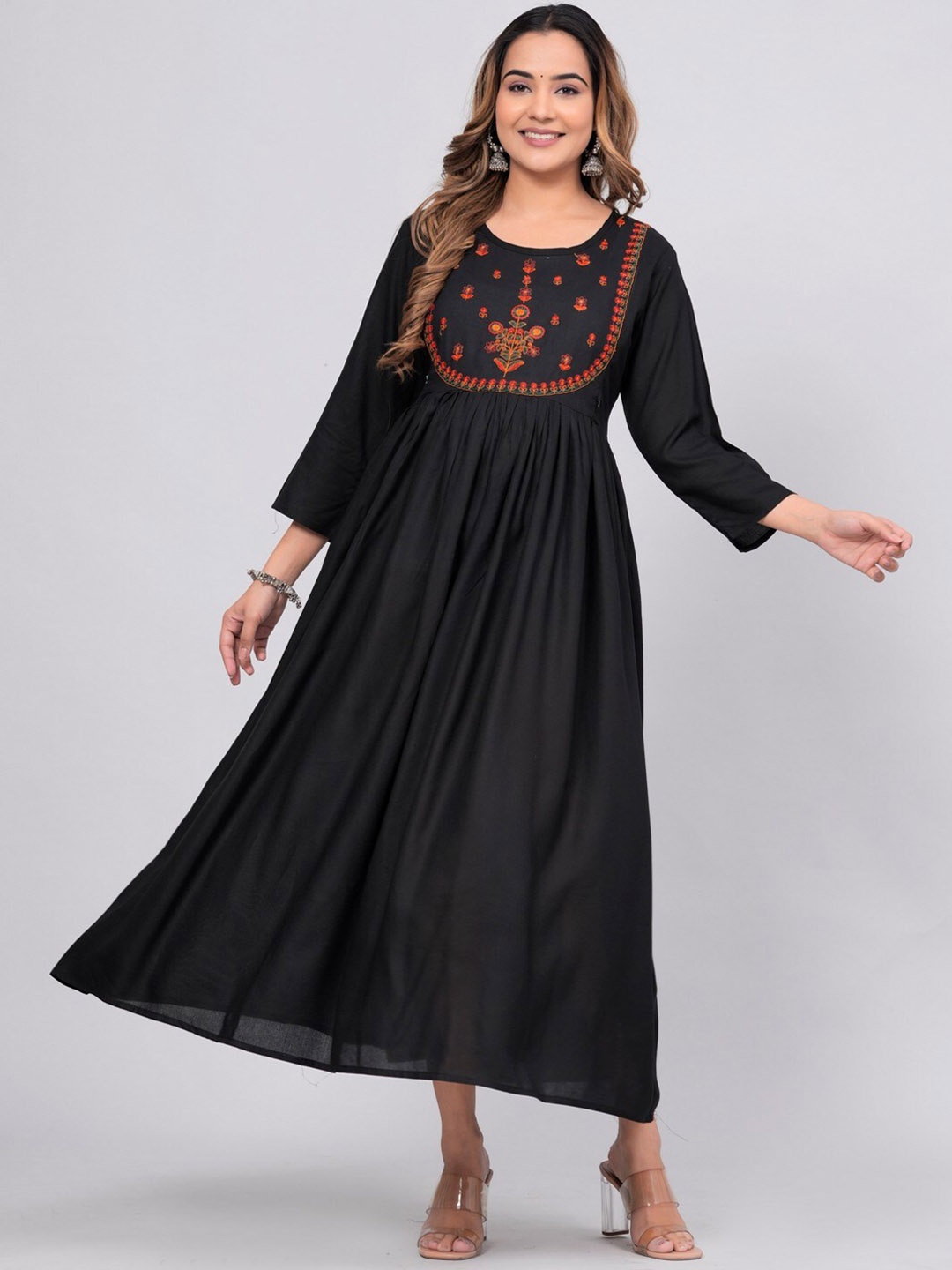 

ANUTTARA FASHIONS Yoke Design Thread Work Maternity Feeding Anarkali Kurta, Black