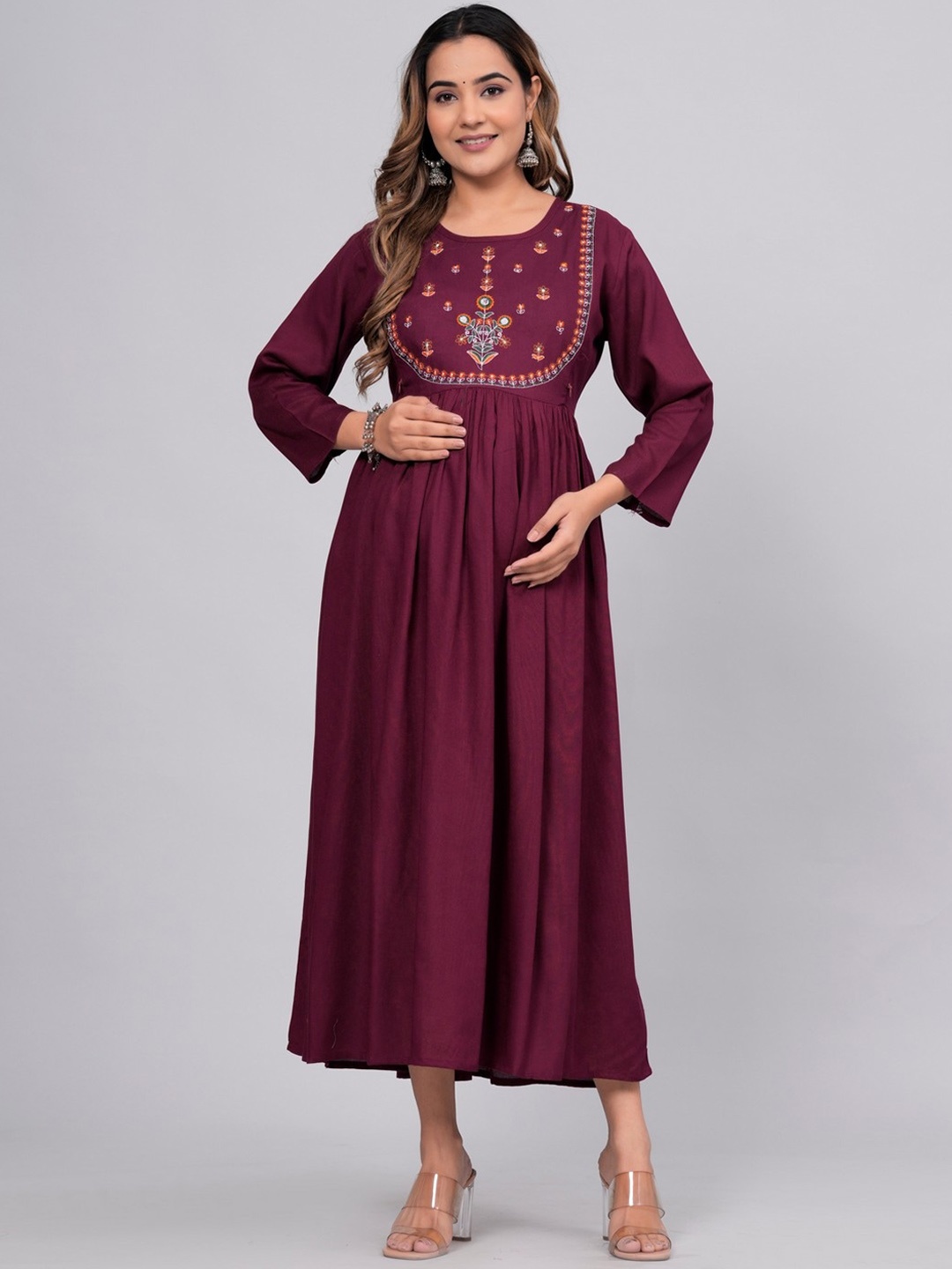 

ANUTTARA FASHIONS Embroidered Flared Sleeves Maternity Anarkali Kurta, Magenta