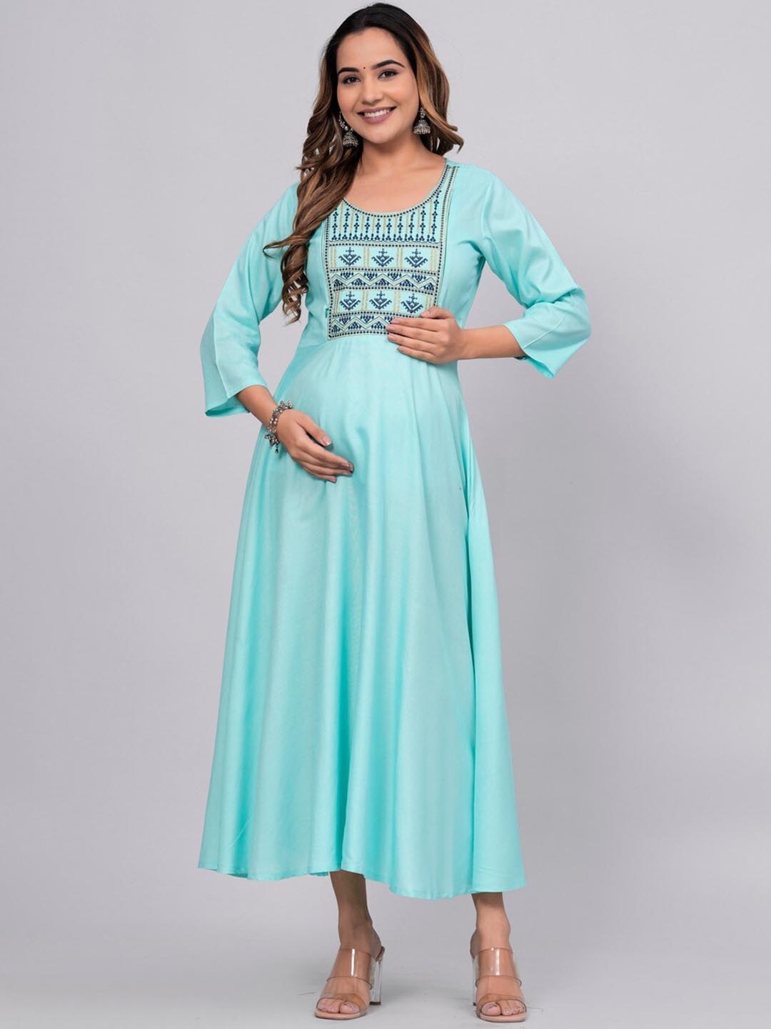 

ANUTTARA FASHIONS Yoke Design Thread Work Maternity Anarkali Kurta, Blue