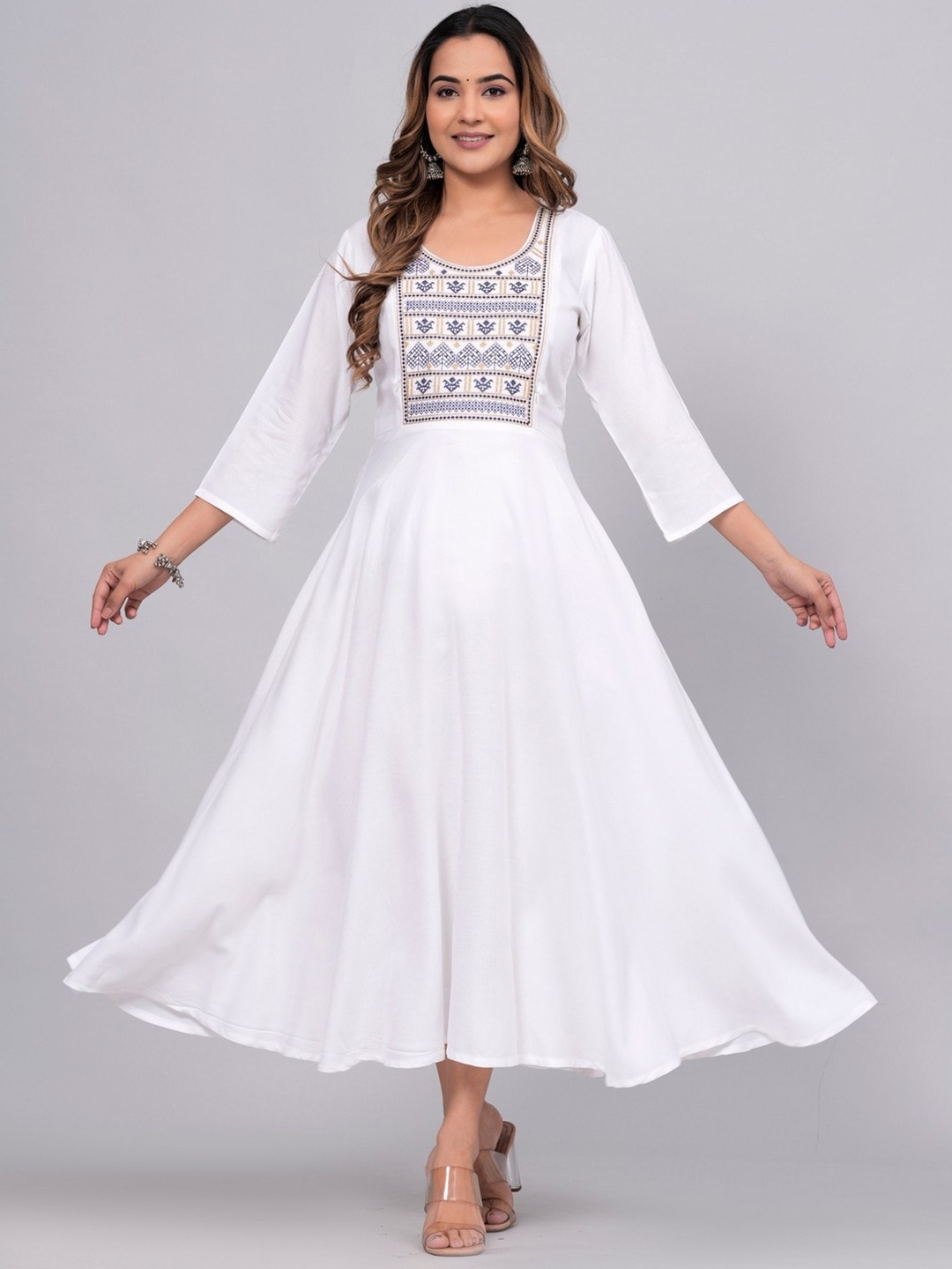 

ANUTTARA FASHIONS Yoke Design Thread Work Maternity Anarkali Kurta, White