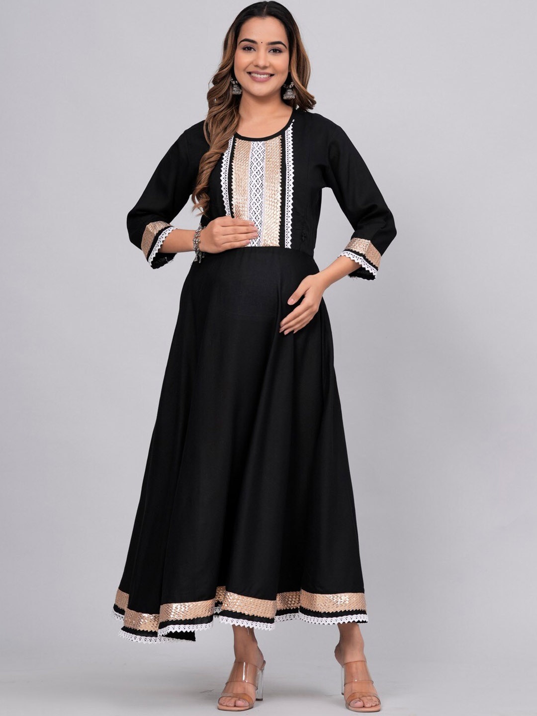 

ANUTTARA FASHIONS Yoke Design Thread Work Rorund Neck Maternity Anarkali Kurta, Black