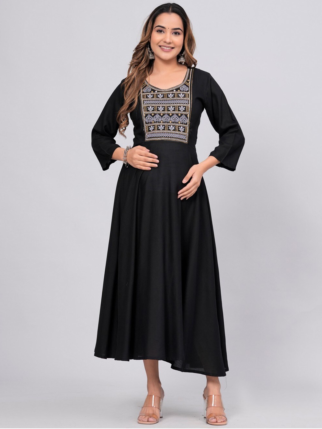 

ANUTTARA FASHIONS Yoke Design Thread Work Maternity Anarkali Kurta, Black