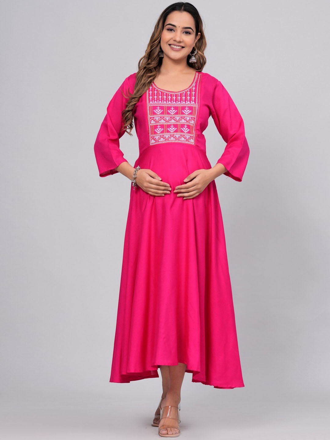 

ANUTTARA FASHIONS Yoke Design Thread Work Maternity Anarkali Kurta, Pink