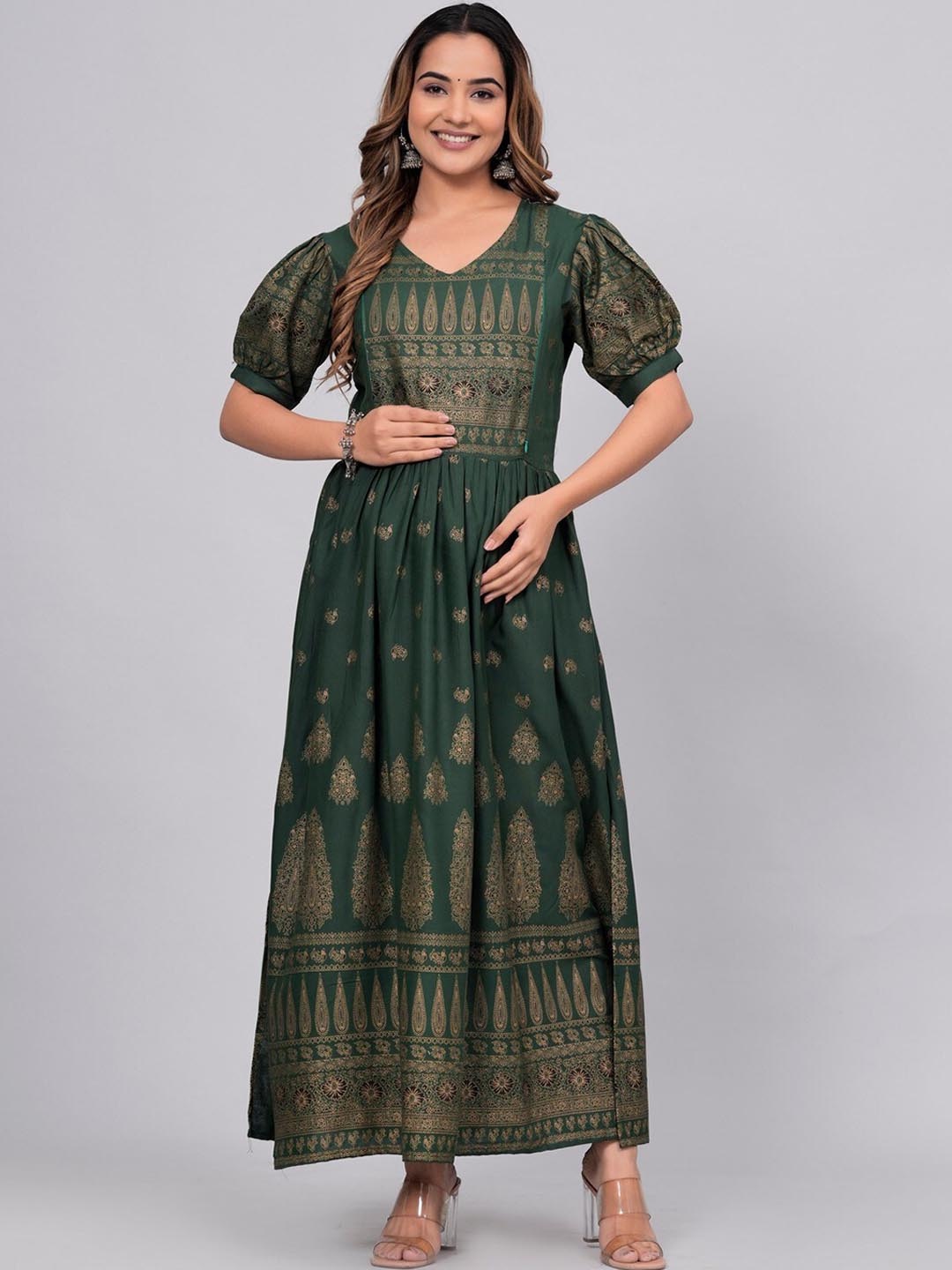 

ANUTTARA FASHIONS Ethnic Motifs Printed V-Neck Maternity Anarkali Kurta, Green