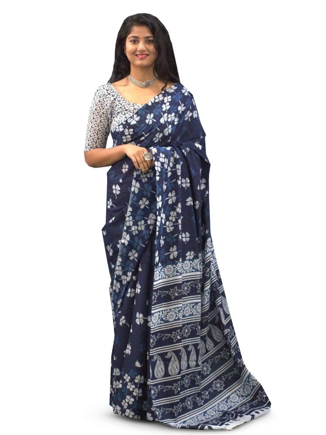 

GK FASHION Floral Printed Pure Cotton Saree, Blue
