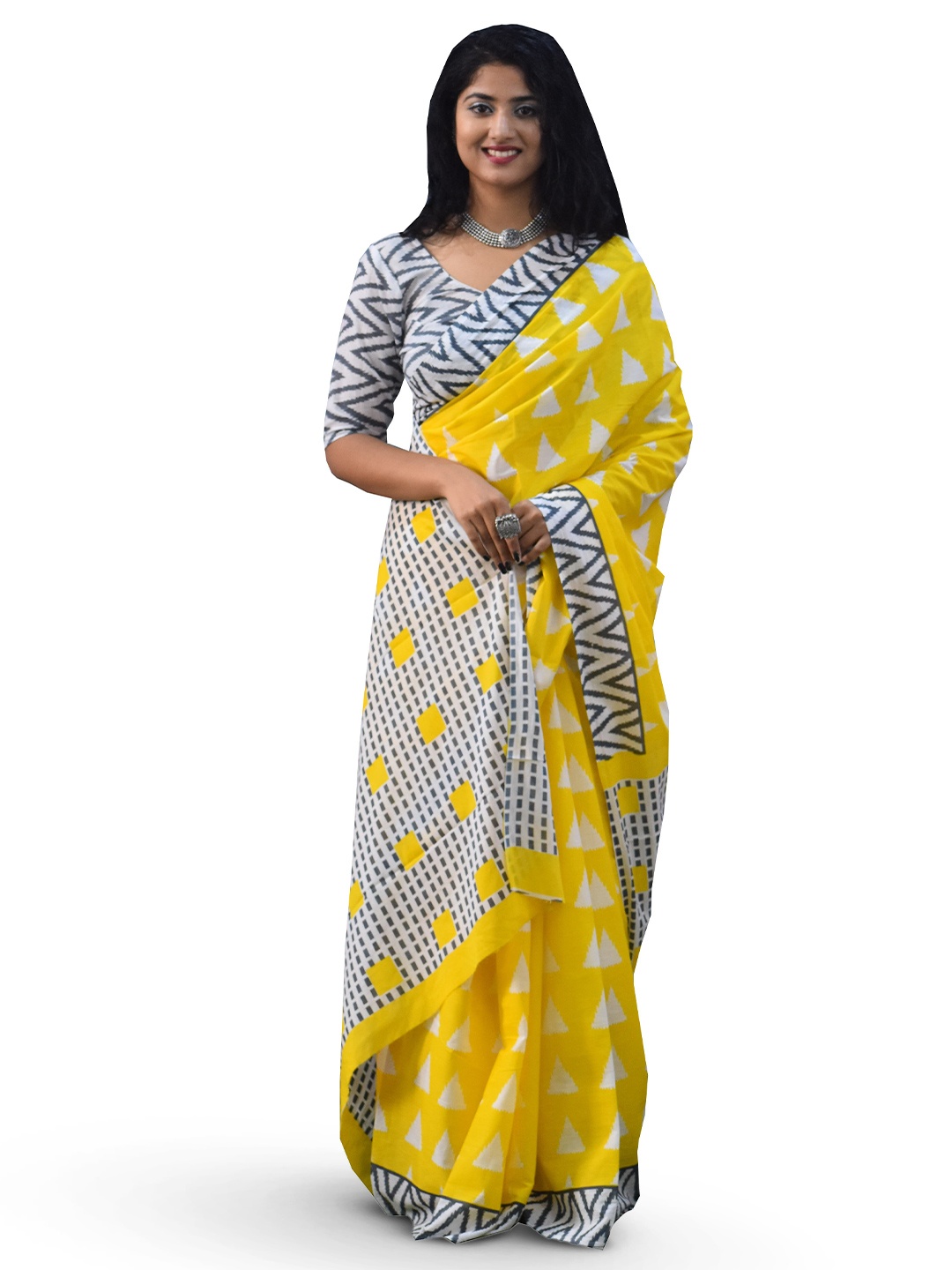 

GK FASHION Geometric Printed Pure Cotton Saree, Yellow