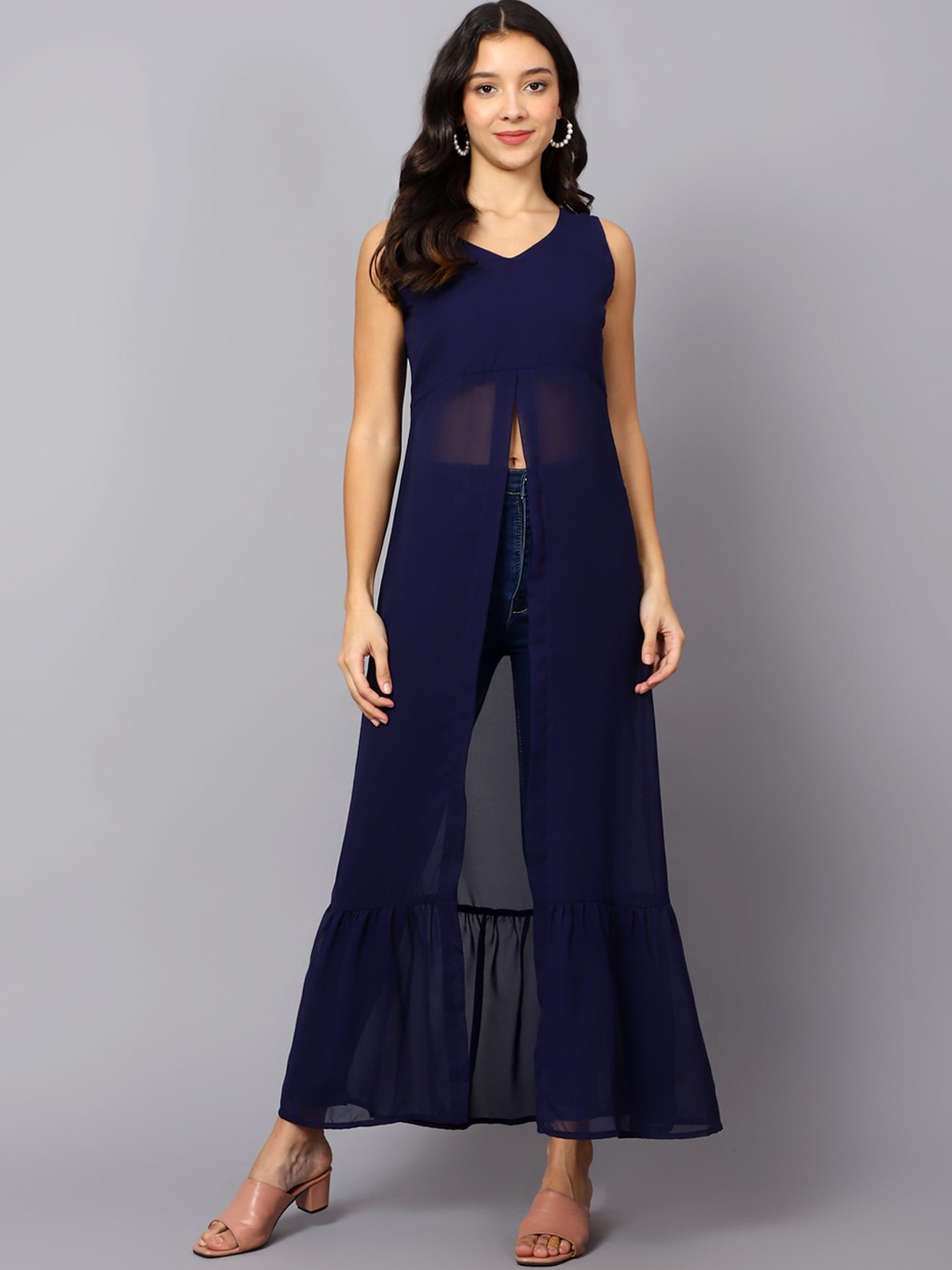 

VESICLE Front Slit V Neck Sleeveless Georgette A-Line Kurta, Blue