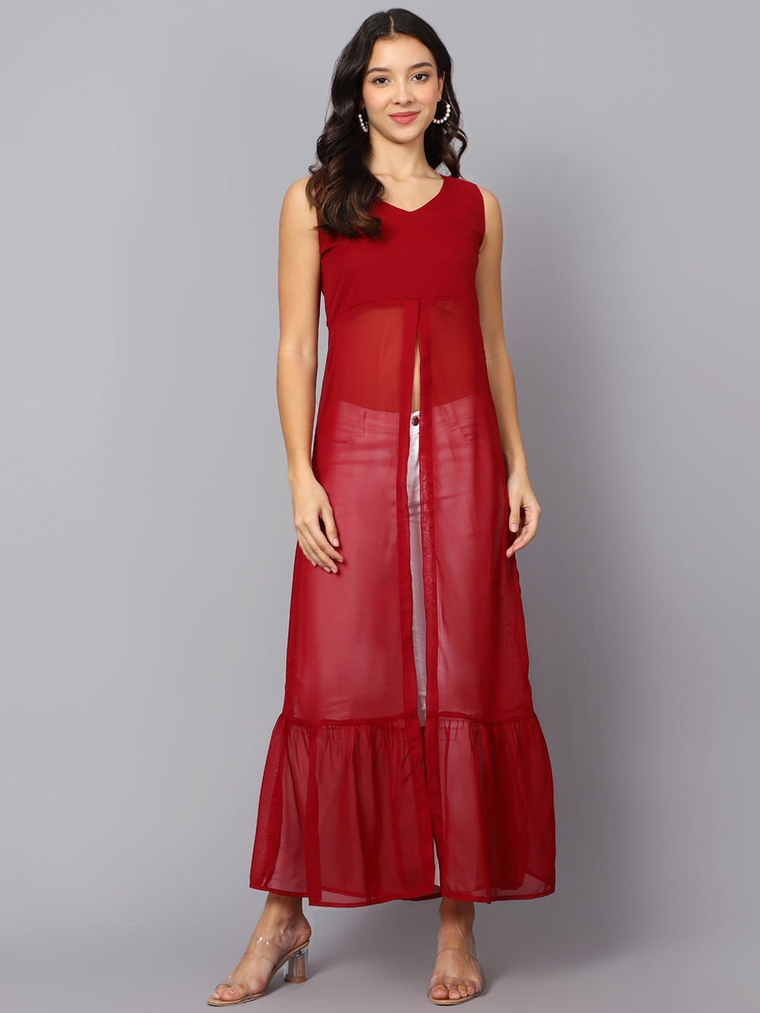 

VESICLE Front Slit V Neck Sleeveless Georgette A-Line Kurta, Maroon