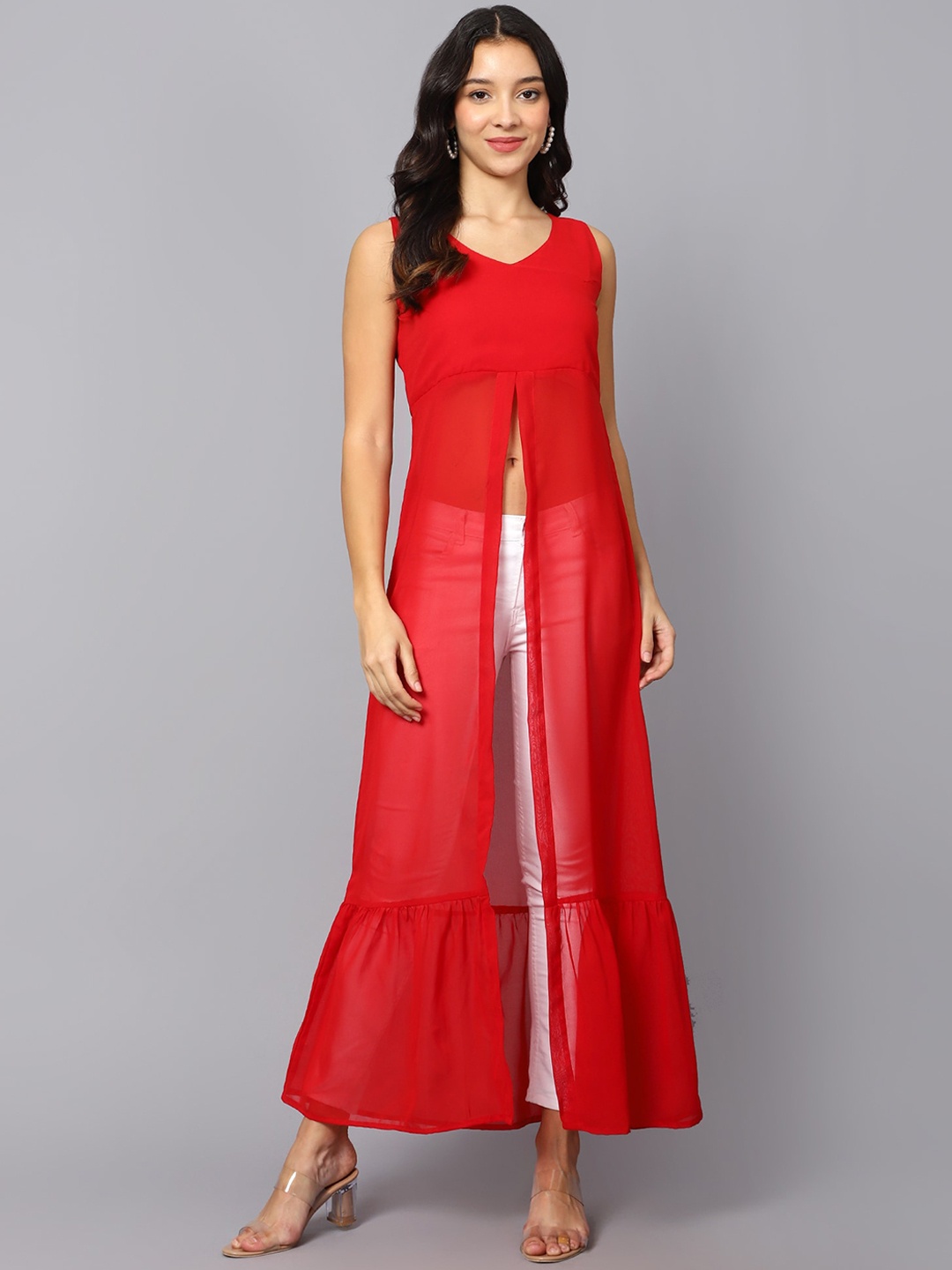 VESICLE Front Slit V Neck Sleeveless Georgette A-Line Kurta, Red