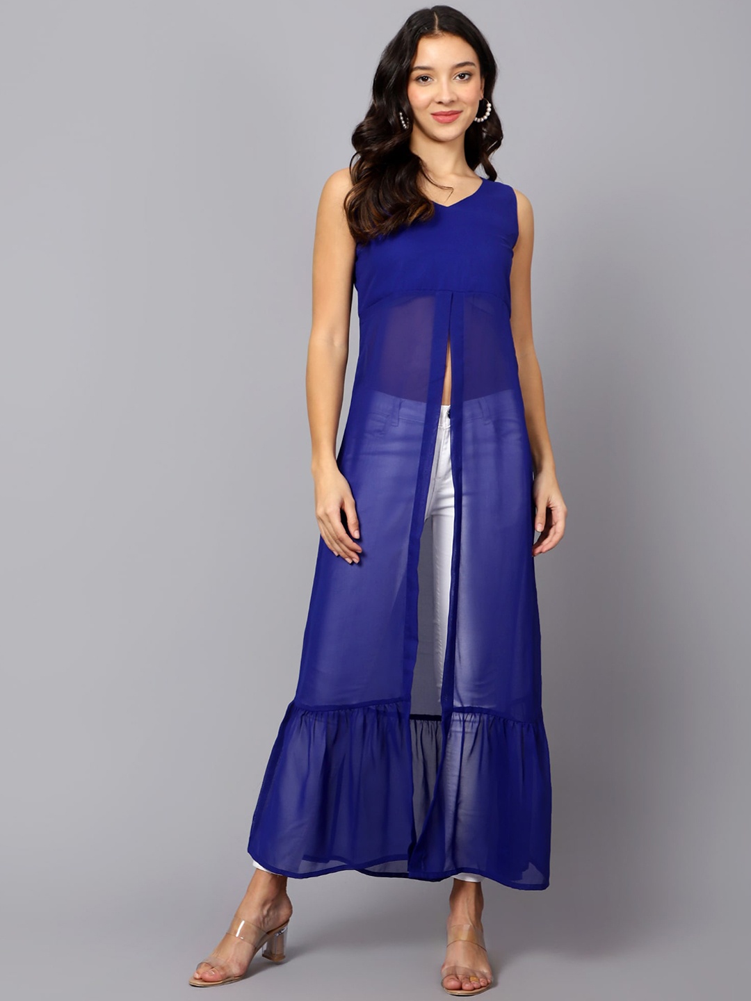 

VESICLE Front Slit V Neck Sleeveless Georgette A-Line Kurta, Blue