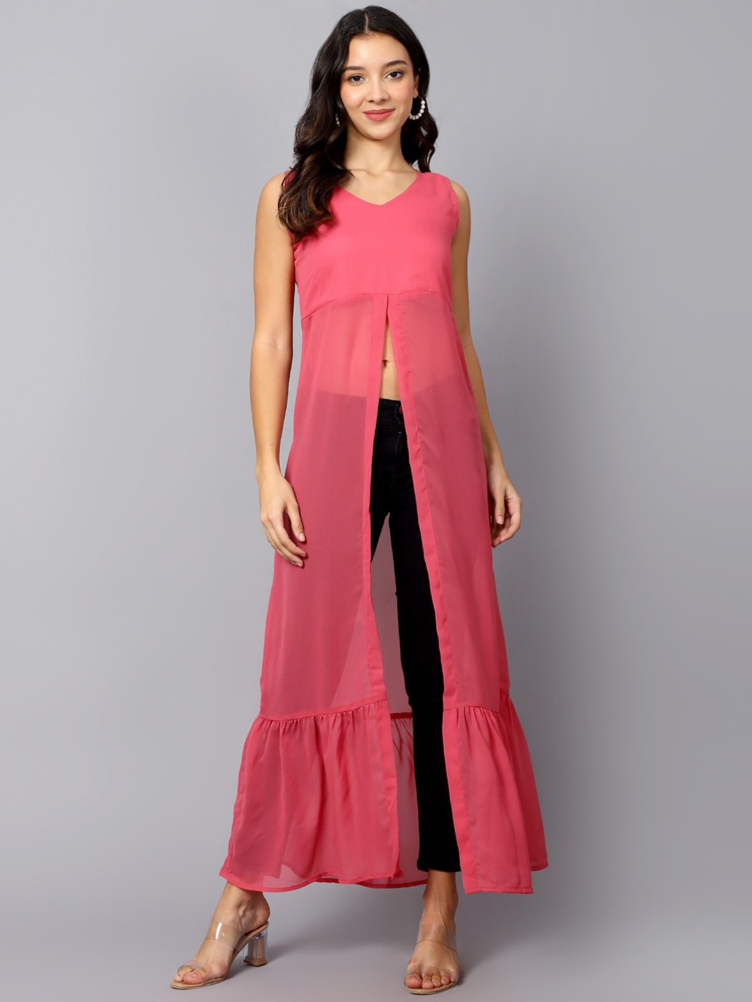 

VESICLE Front Slit V Neck Sleeveless Georgette A-Line Kurta, Pink