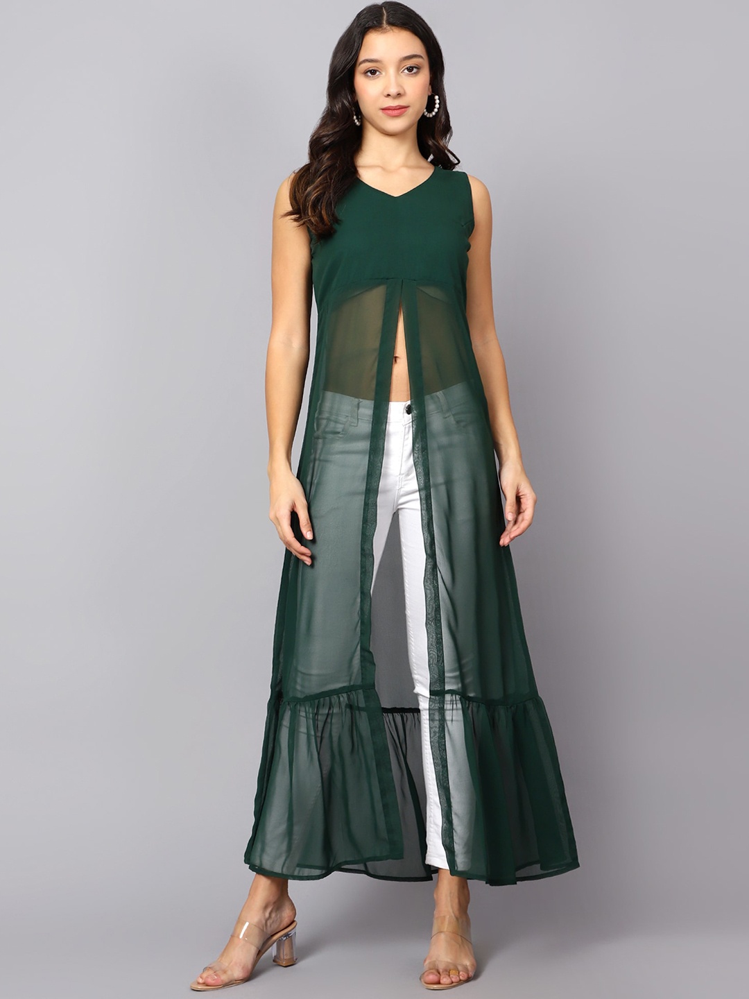 

VESICLE Front Slit V Neck Sleeveless Georgette A-Line Kurta, Green