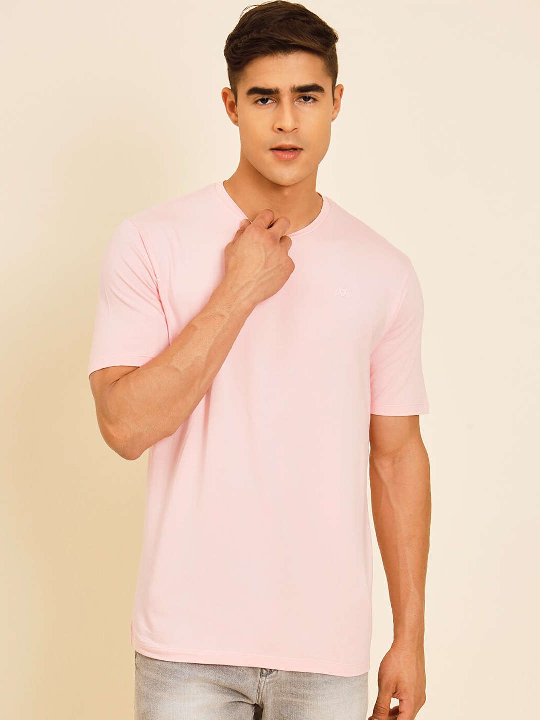 

MUWIN Round Neck Regular Sleeves Pure Cotton T-shirt, Pink