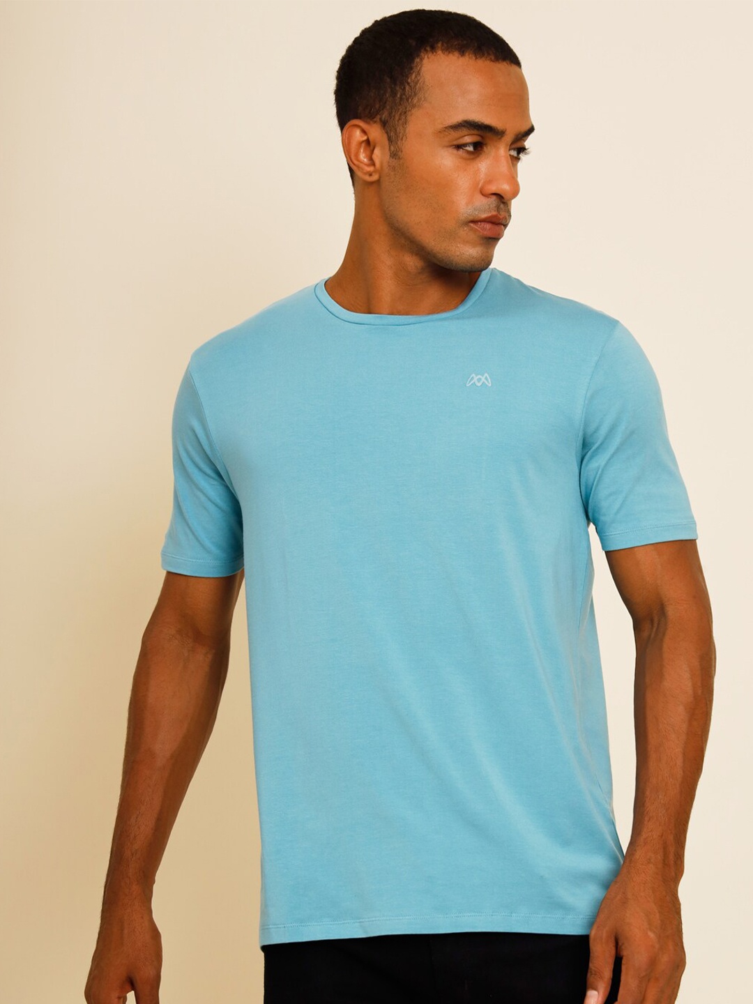 

MUWIN Round Neck Regular Sleeves Pure Cotton T-shirt, Blue