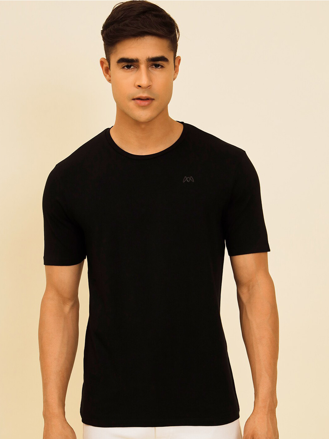 

MUWIN Round Neck Regular Sleeves Pure Cotton T-shirt, Black