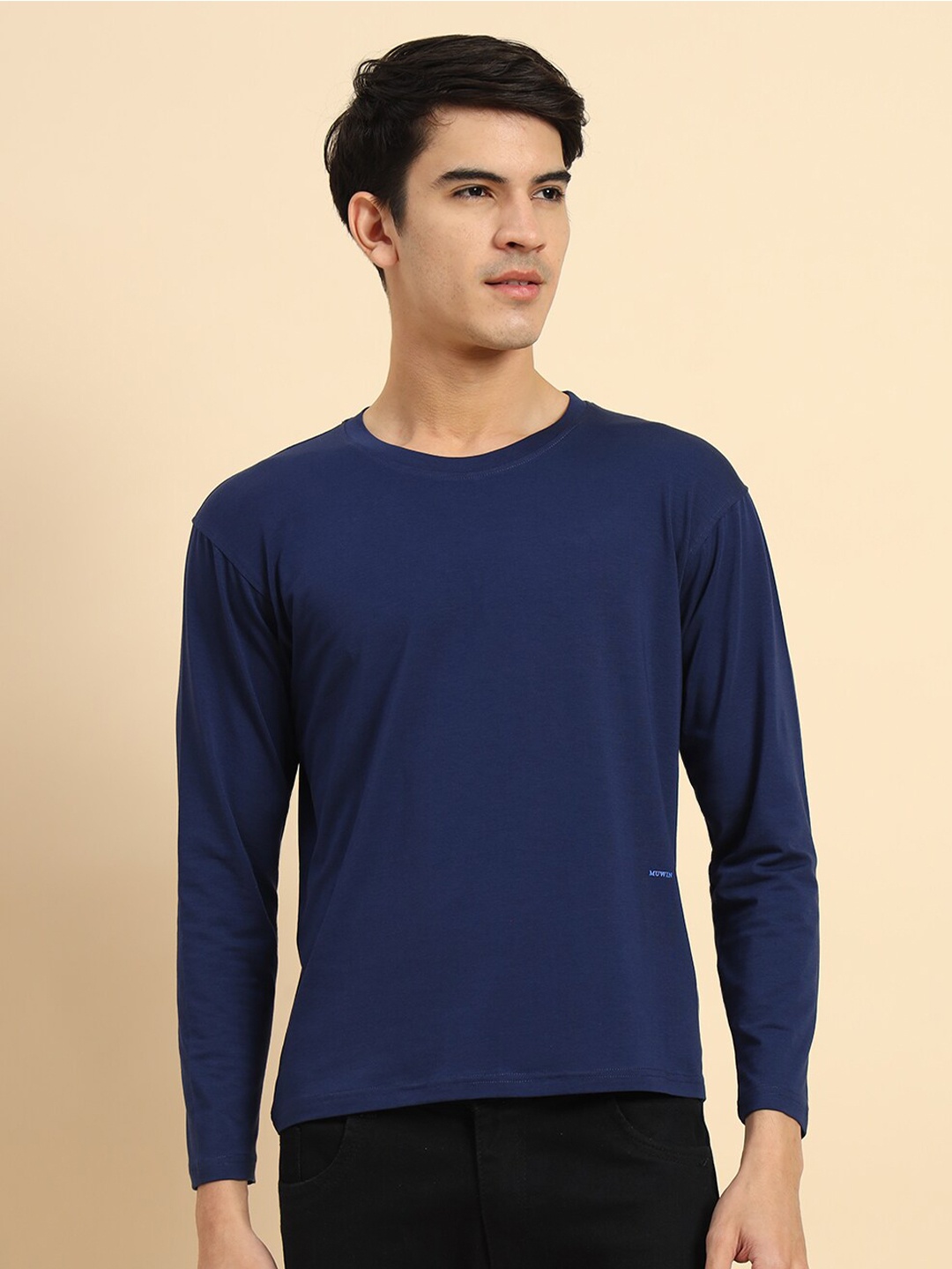 

MUWIN Round Neck Full Sleeve Pure Cotton T-shirt, Blue