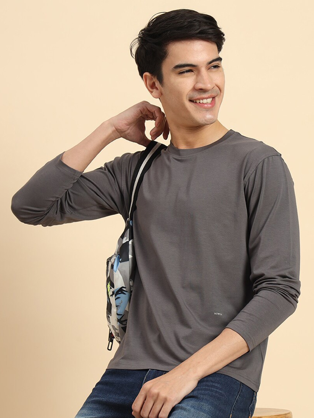 

MUWIN Round Neck Full Sleeve Pure Cotton T-shirt, Grey