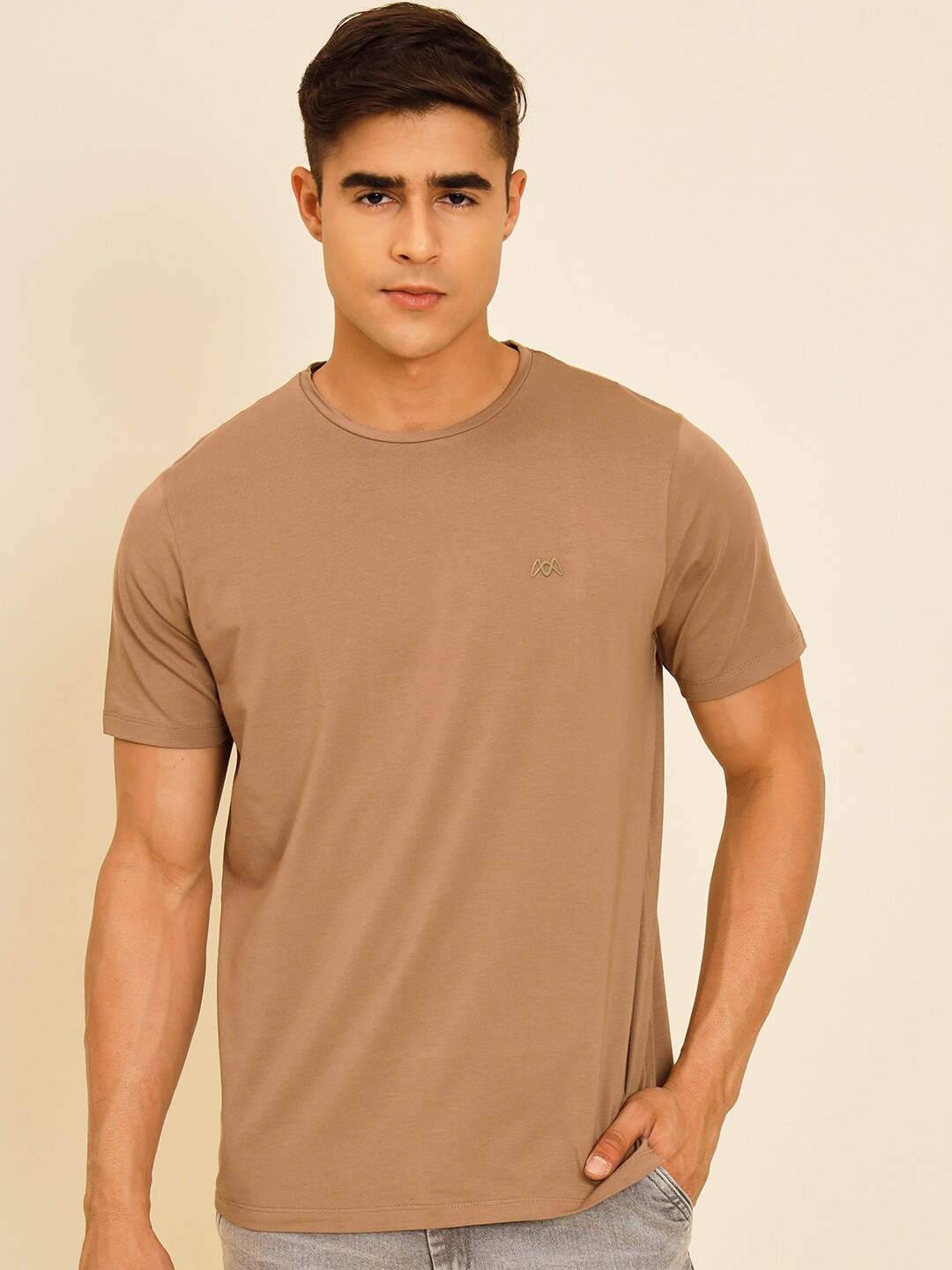 

MUWIN Round Neck Regular Sleeves Pure Cotton T-shirt, Brown