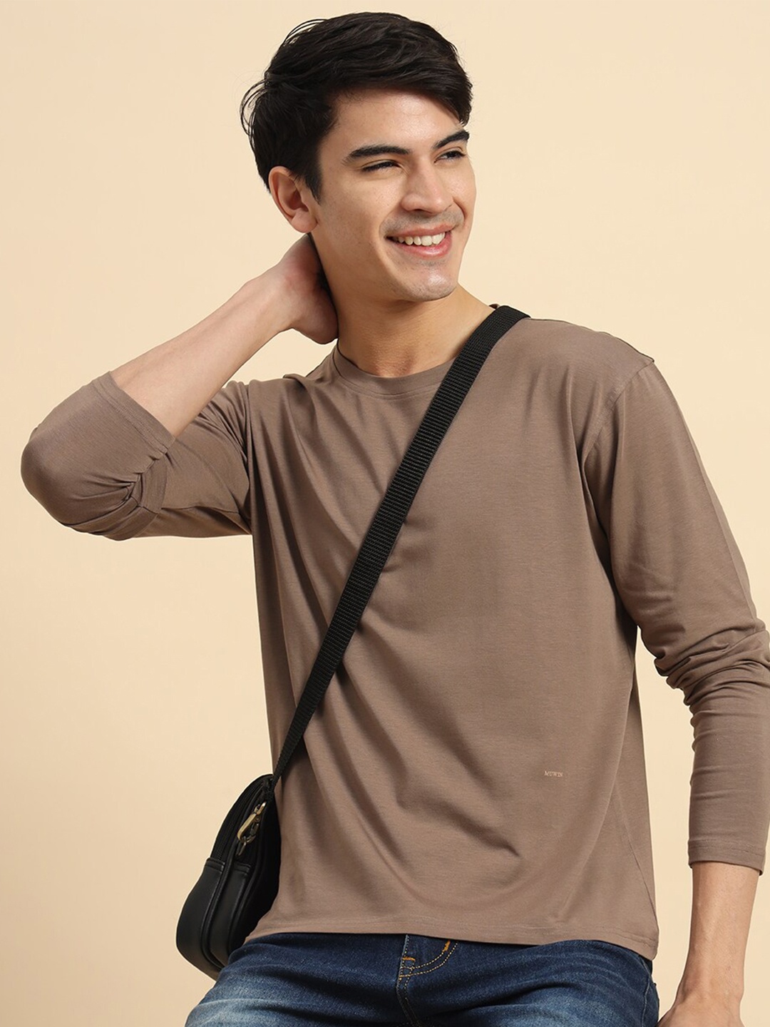 

MUWIN Round Neck Full Sleeves Pure Cotton T-shirt, Brown