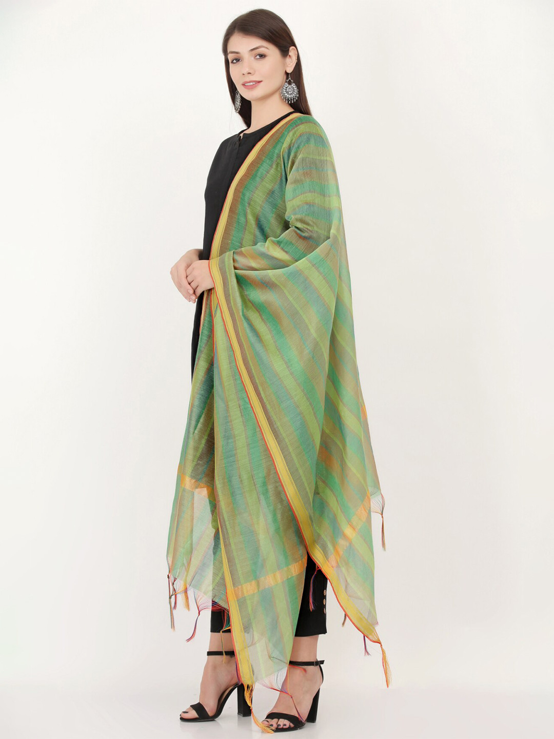 

Livvie Striped Woven Design Cotton Silk Dupatta, Green