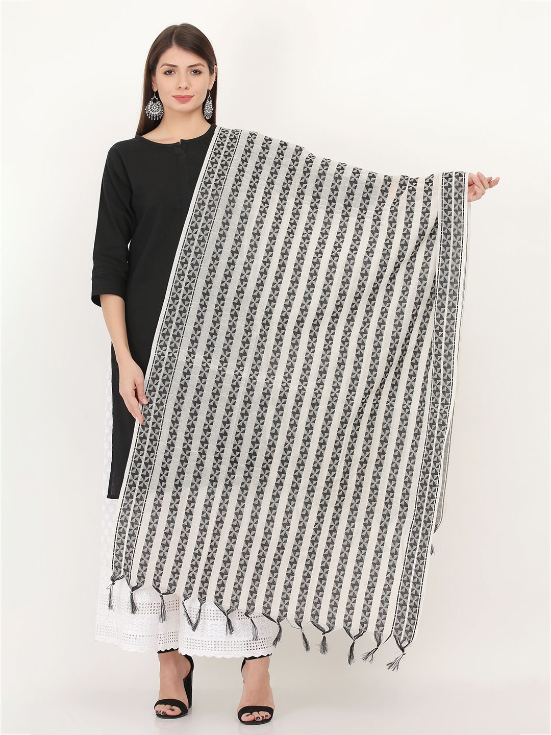 

Livvie Striped Woven Design Cotton Silk Dupatta With Thread Work, Black