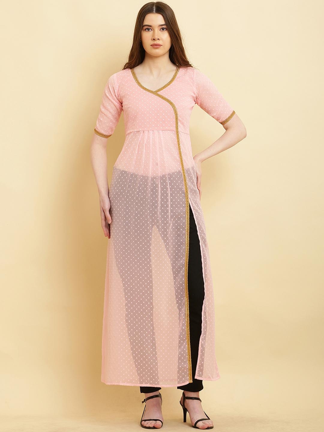 

VESICLE Woven Design Gotta Patti Georgette High Slit A-Line Kurta, Pink