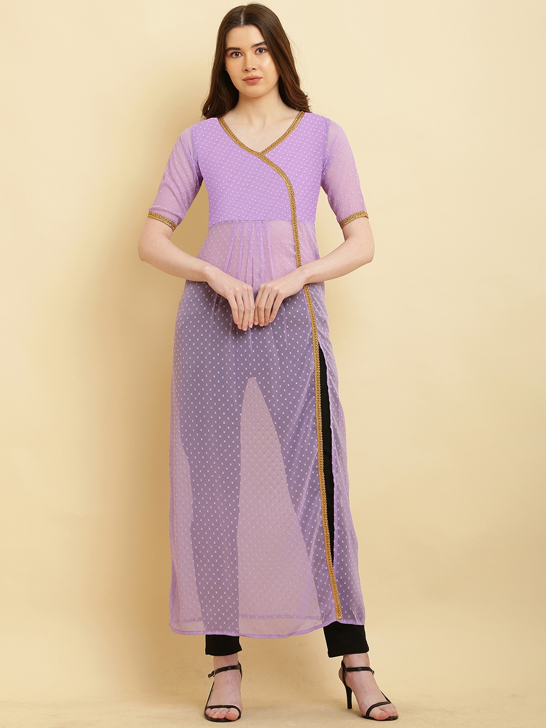 VESICLE Woven Design Gotta Patti Georgette High Slit A-Line Kurta, Lavender