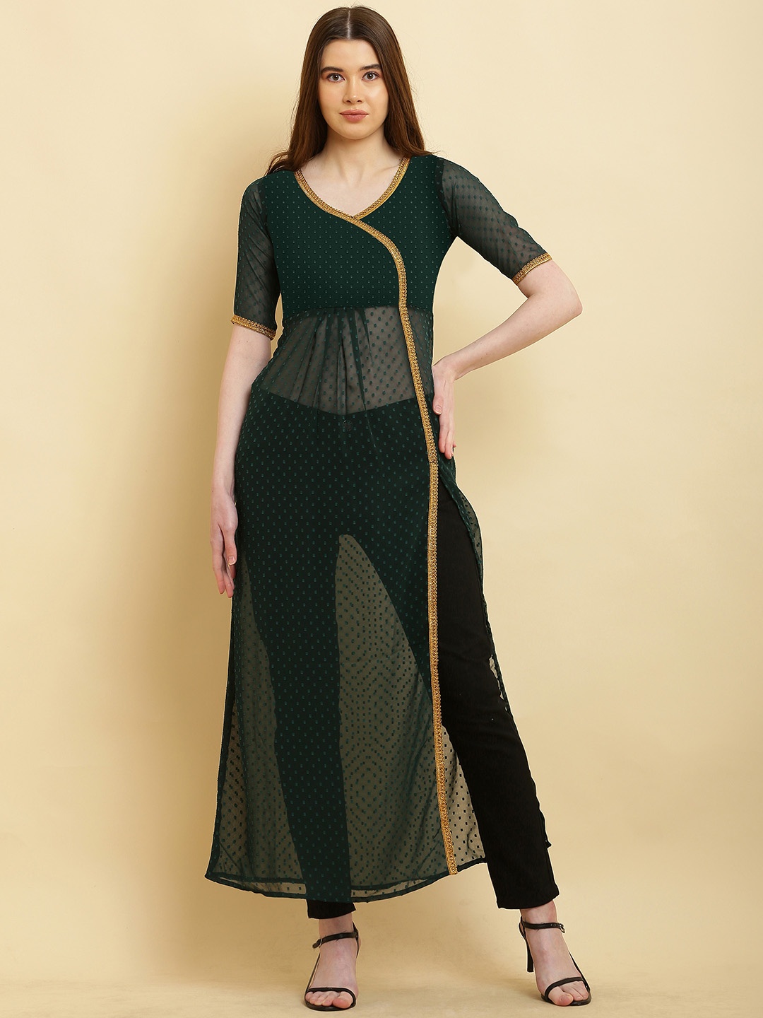 

VESICLE Woven Design Gotta Patti Georgette High Slit A-Line Kurta, Green