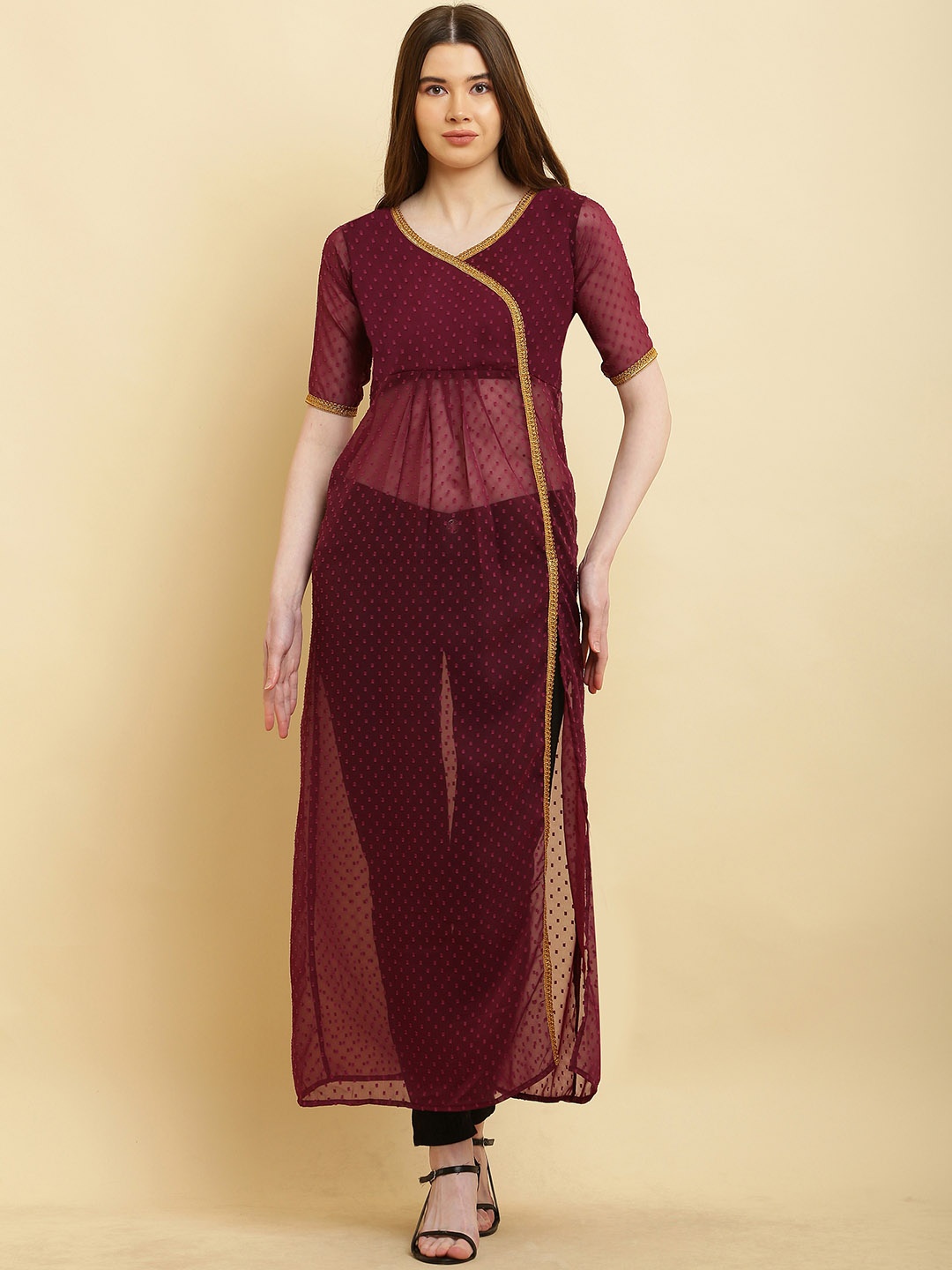 

VESICLE Woven Design Gotta Patti Georgette High Slit A-Line Kurta, Purple