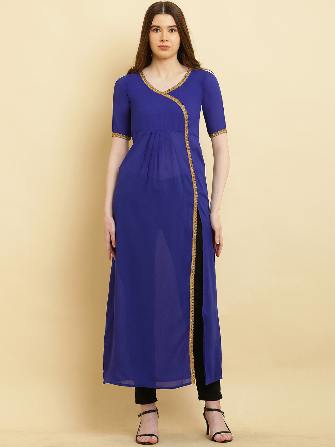 

VESICLE Woven Design Gotta Patti Georgette High Slit A-Line Kurta, Blue