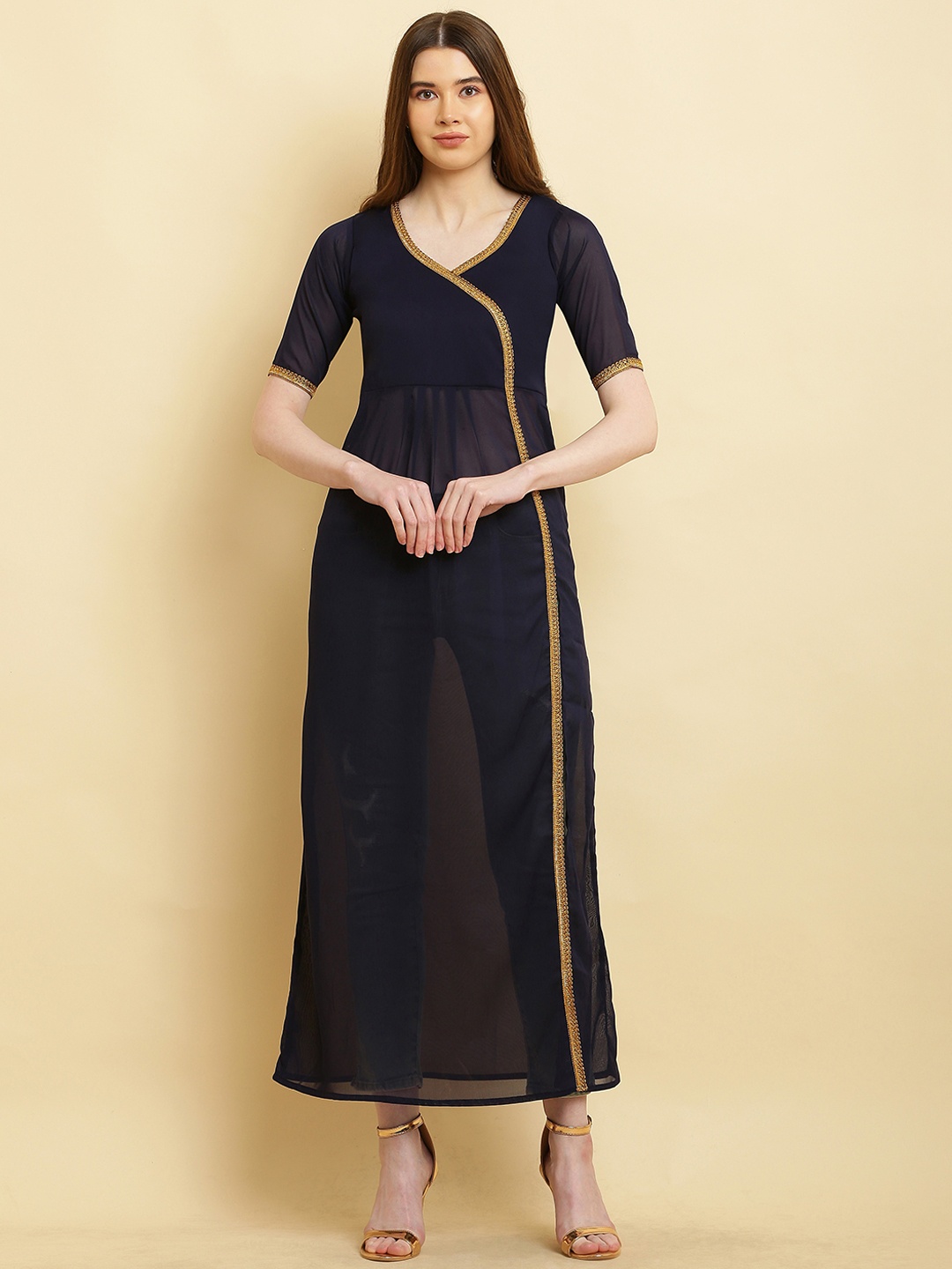 

VESICLE Woven Design Gotta Patti Georgette High Slit A-Line Kurta, Navy blue