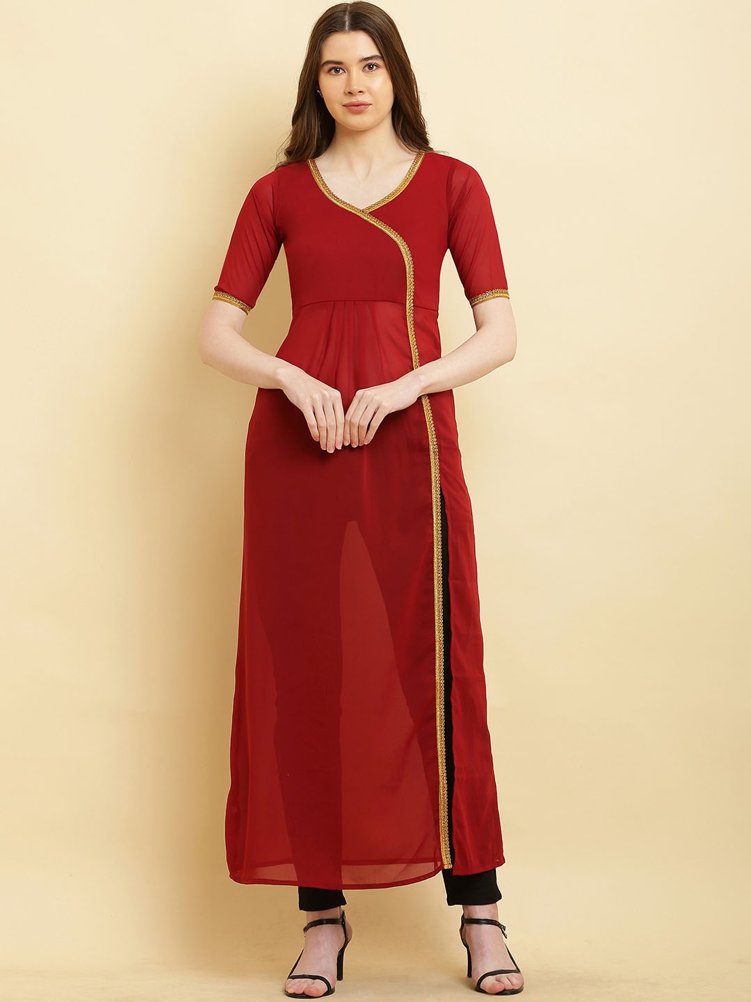 

VESICLE Woven Design Gotta Patti Georgette High Slit A-Line Kurta, Maroon