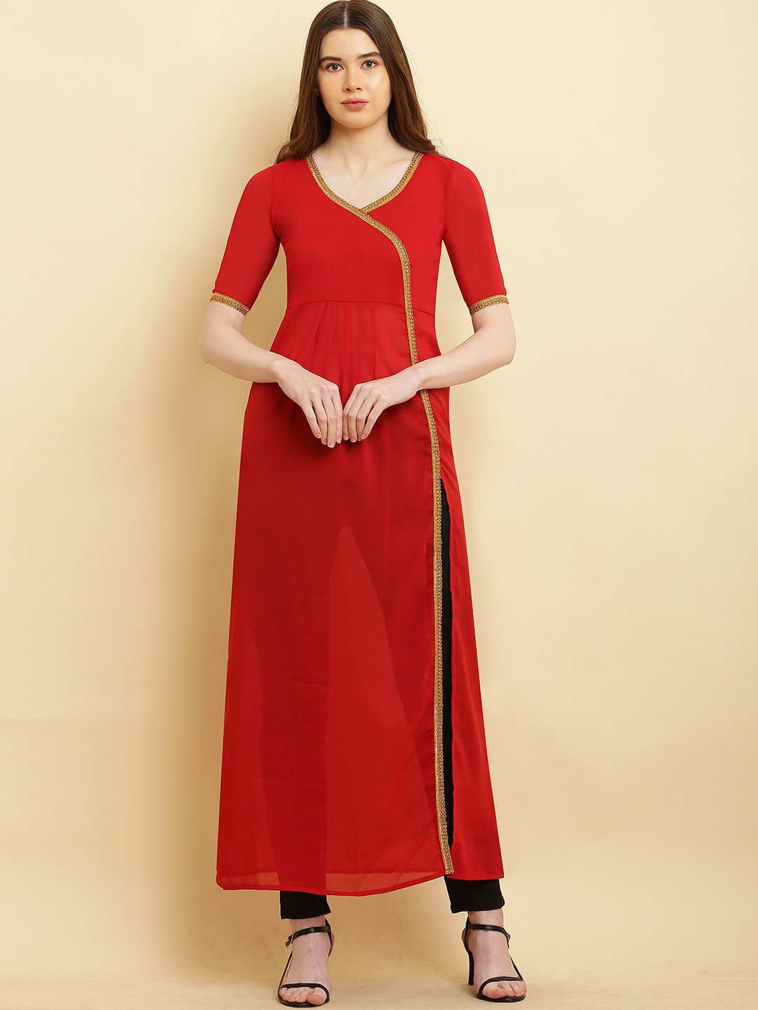 

VESICLE Woven Design Gotta Patti Georgette High Slit A-Line Kurta, Red