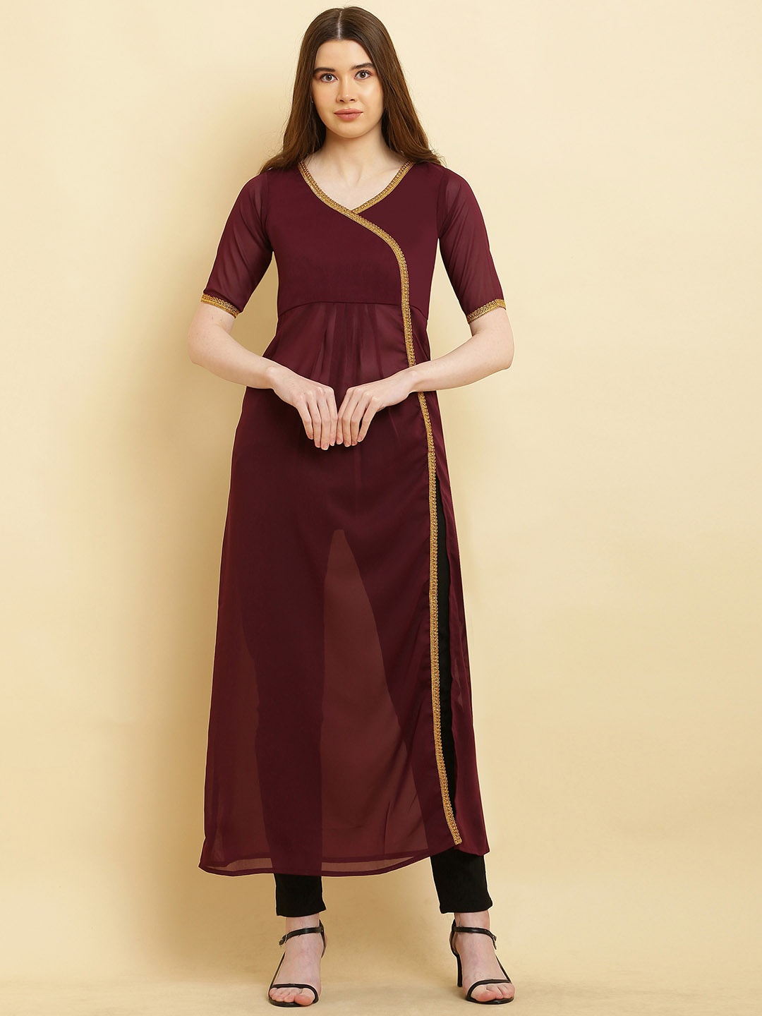 

VESICLE Woven Design Gotta Patti Georgette High Slit A-Line Kurta, Purple