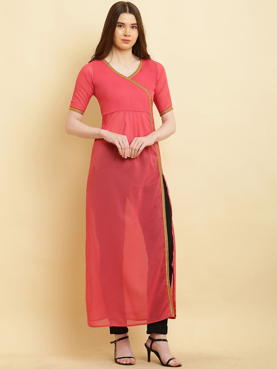 

VESICLE Woven Design Gotta Patti Georgette High Slit A-Line Kurta, Pink