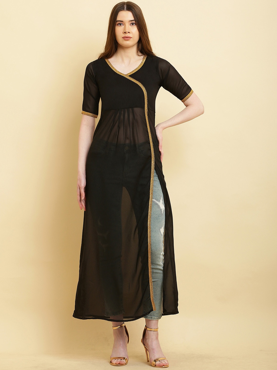 

VESICLE Woven Design Gotta Patti Georgette High Slit A-Line Kurta, Black