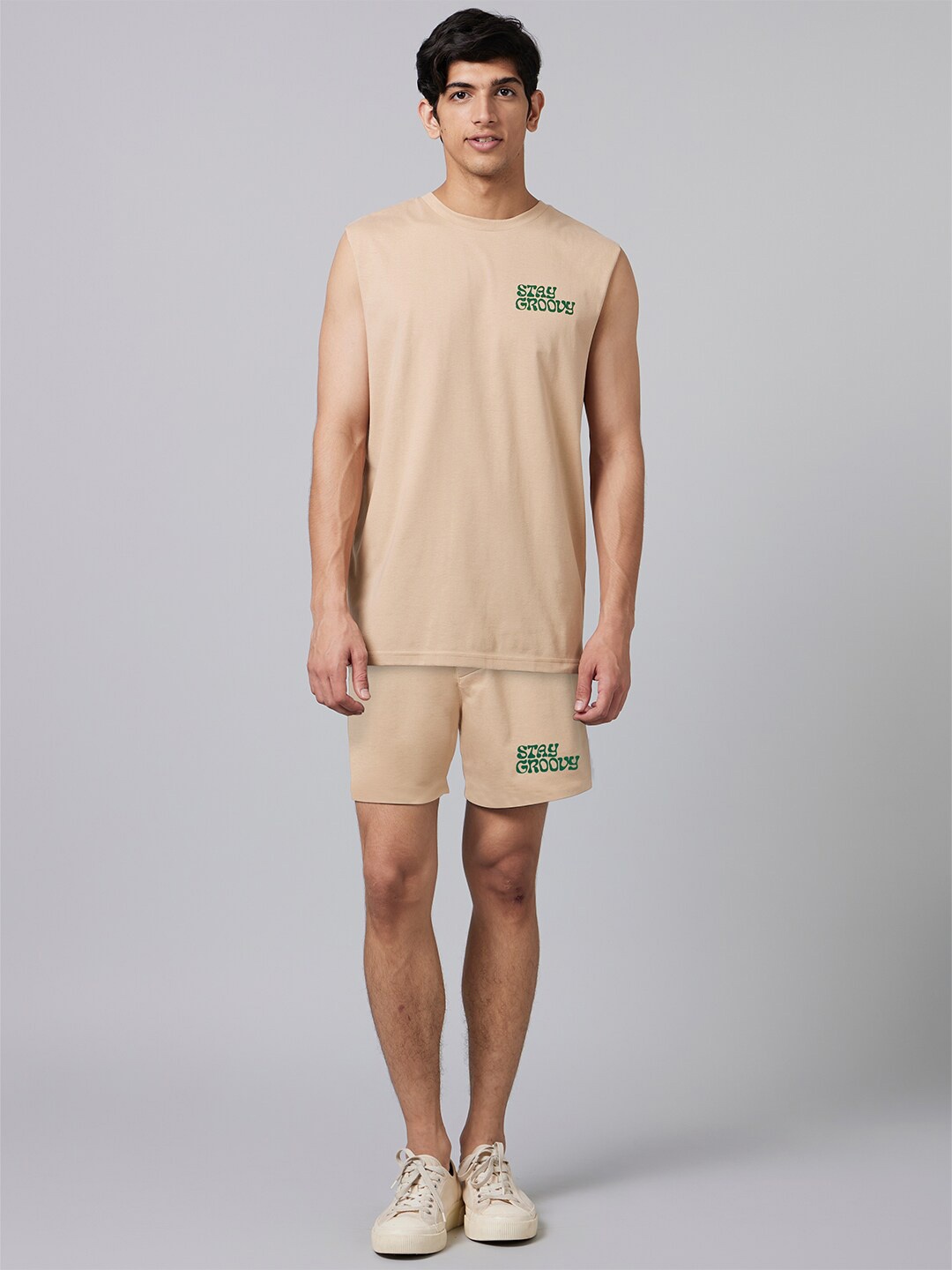 

Smugglerz Typography Printed Sleeveless T-shirt With Shorts, Beige