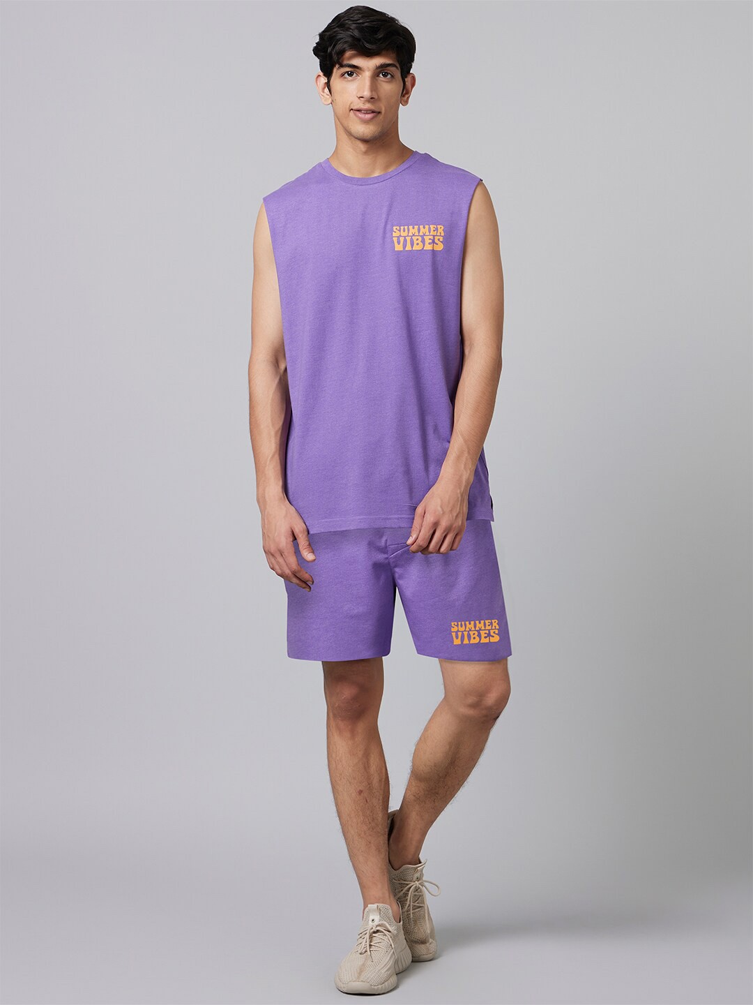 

Smugglerz Typography Printed Sleeveless T-shirt With Shorts, Purple