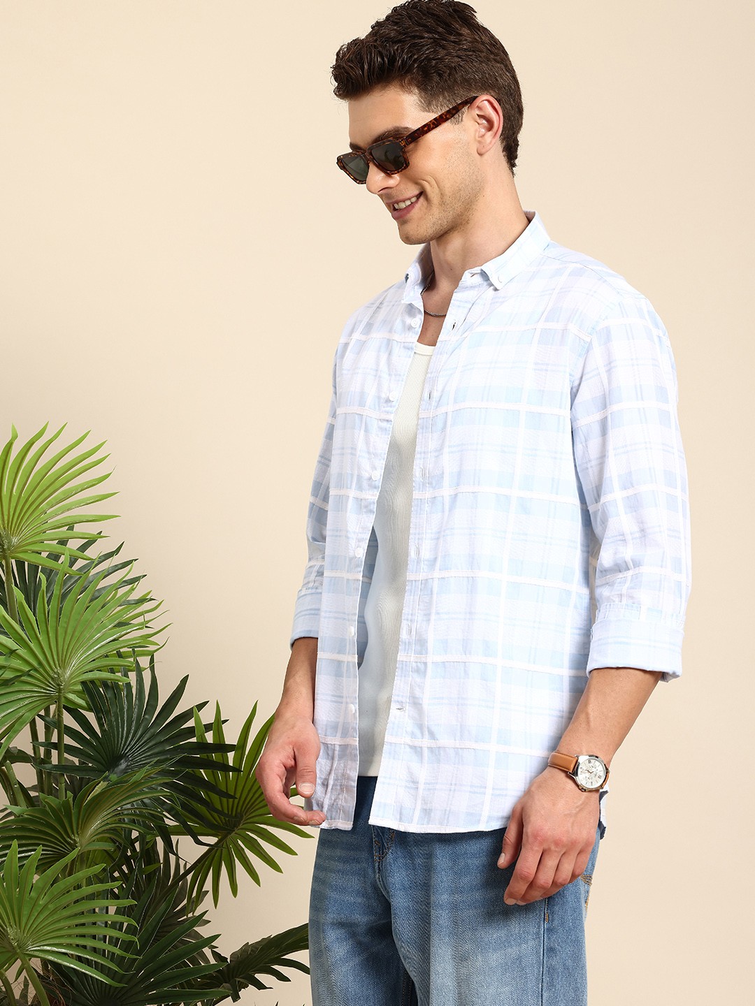 

Mast & Harbour Men Standard Checked Pure Cotton Casual Shirt, Blue