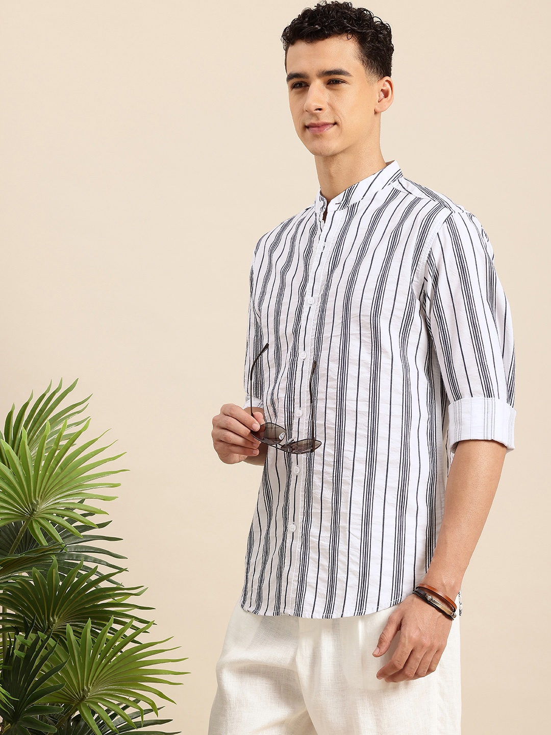 

Mast & Harbour Men Striped Mandarin Collar Casual Shirt, Navy blue