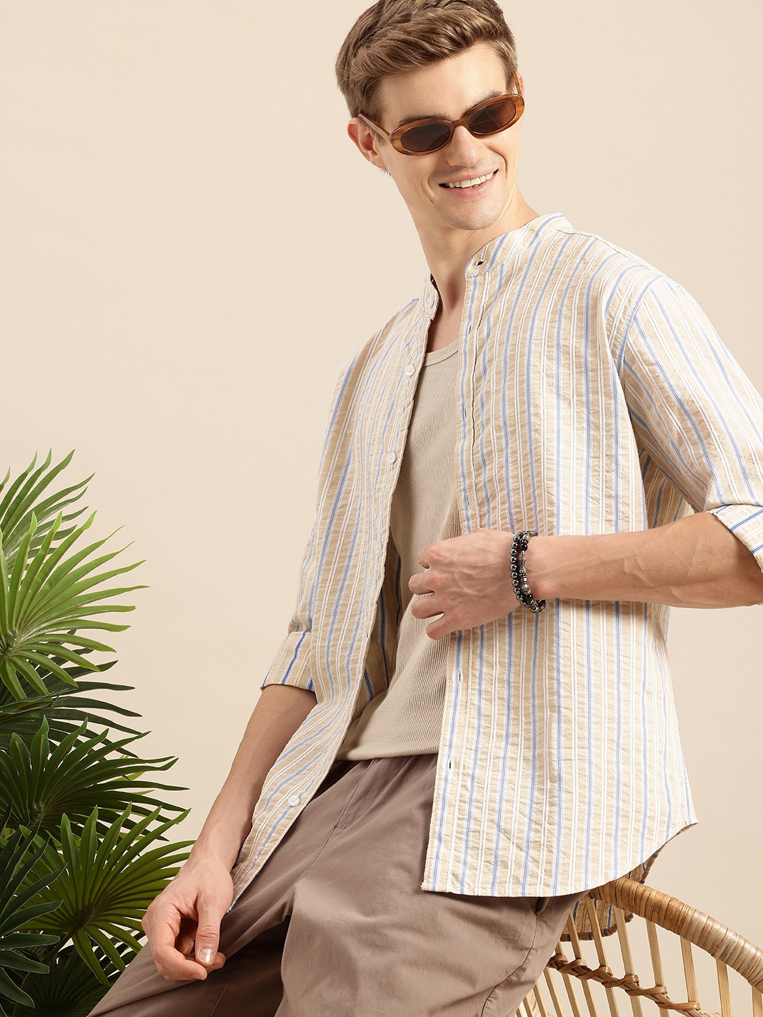 

Mast & Harbour Men Striped Mandarin Collar Casual Shirt, Off white
