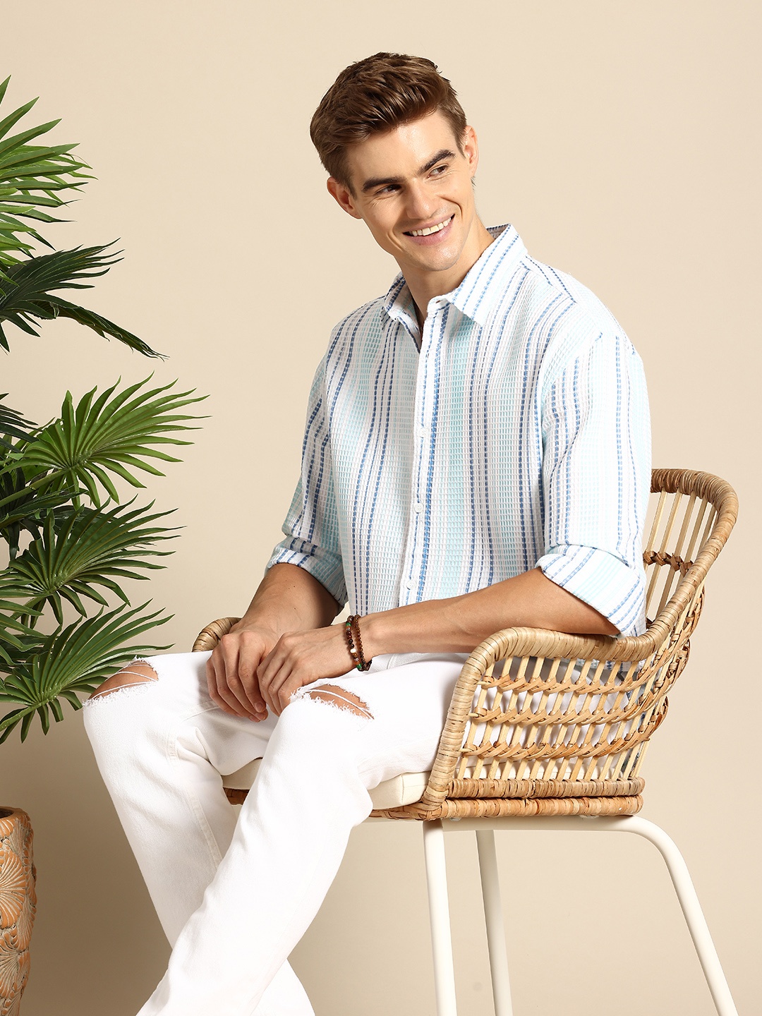 

Mast & Harbour Men Striped Oversized Pure Cotton Casual Shirt, Turquoise blue