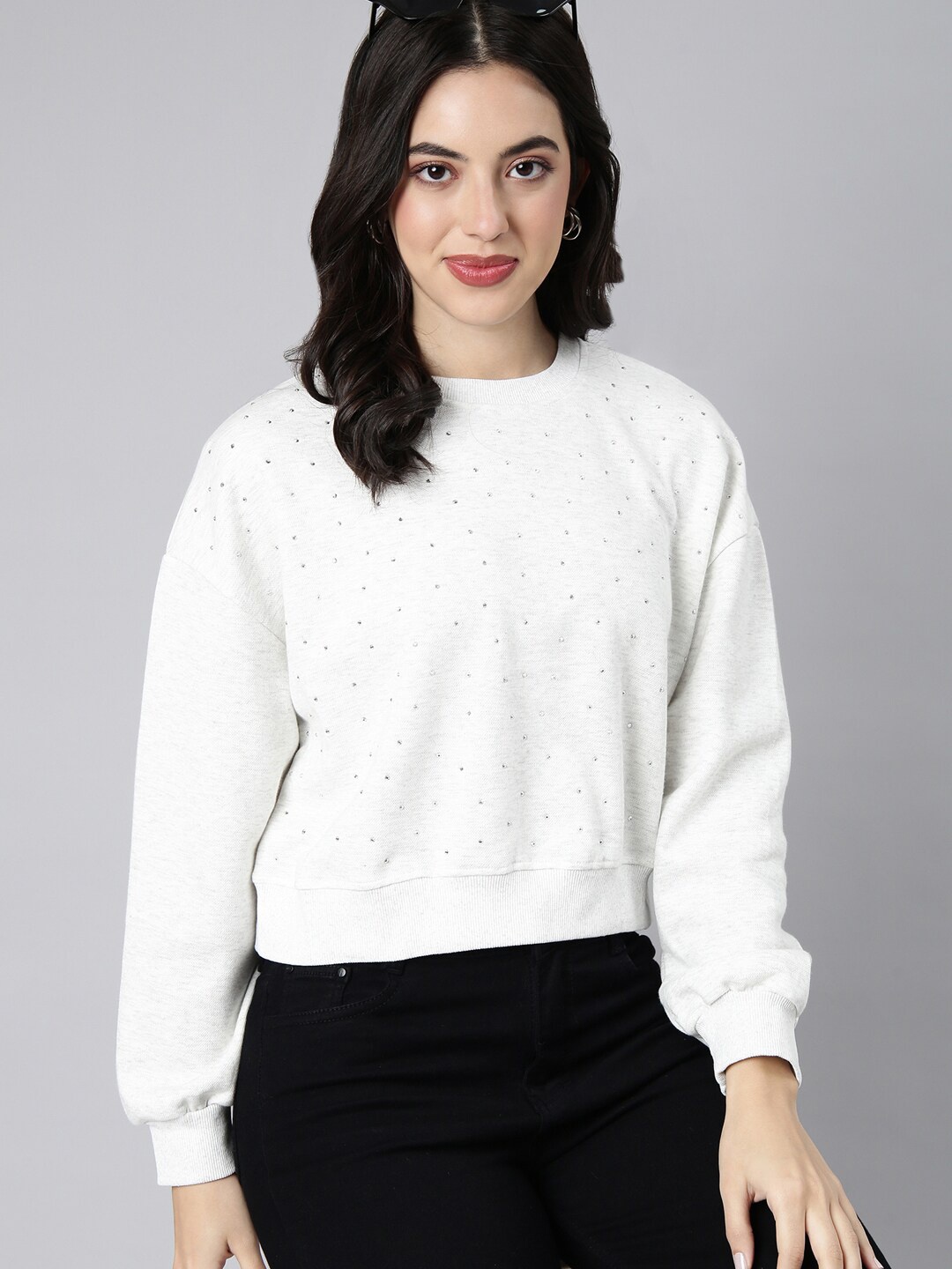 

SHOWOFF Embellished Round Neck Long Sleeves Cotton Crop Pullover Sweatshirt, White