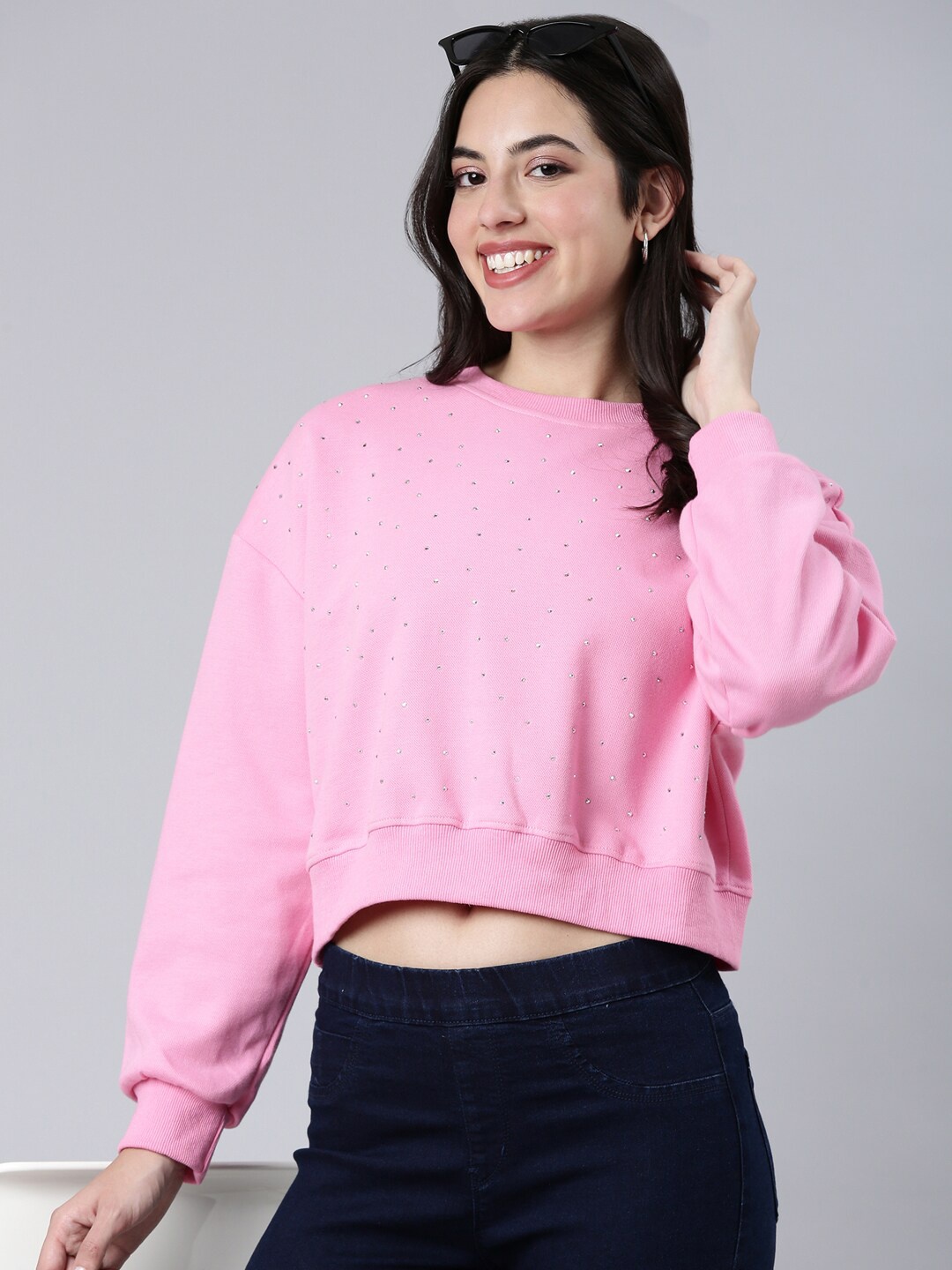 

SHOWOFF Embellished Round Neck Long Sleeves Cotton Crop Pullover Sweatshirt, Pink